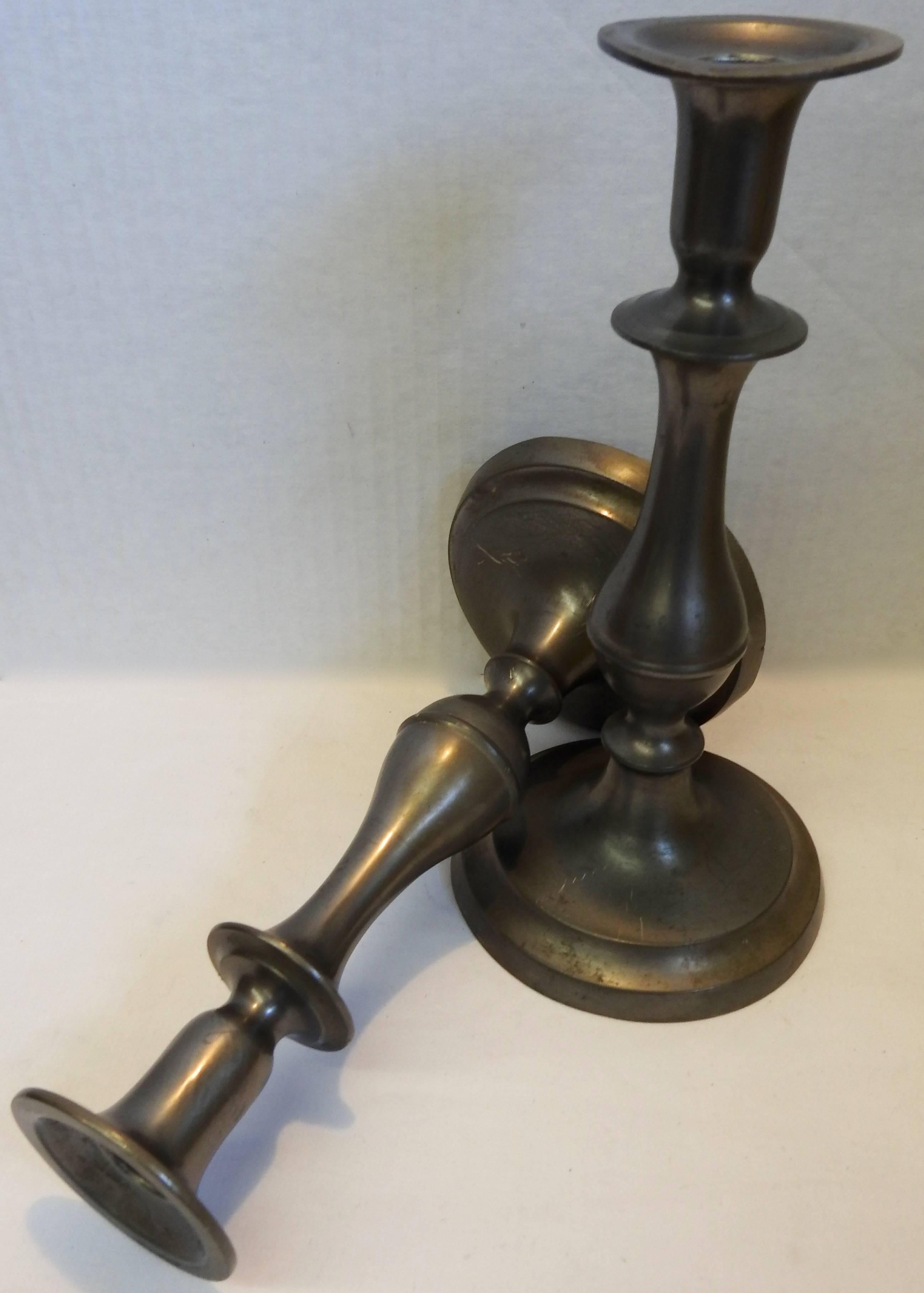 Hand-Crafted Pewter Candlesticks in the Colonial Style, Pair For Sale