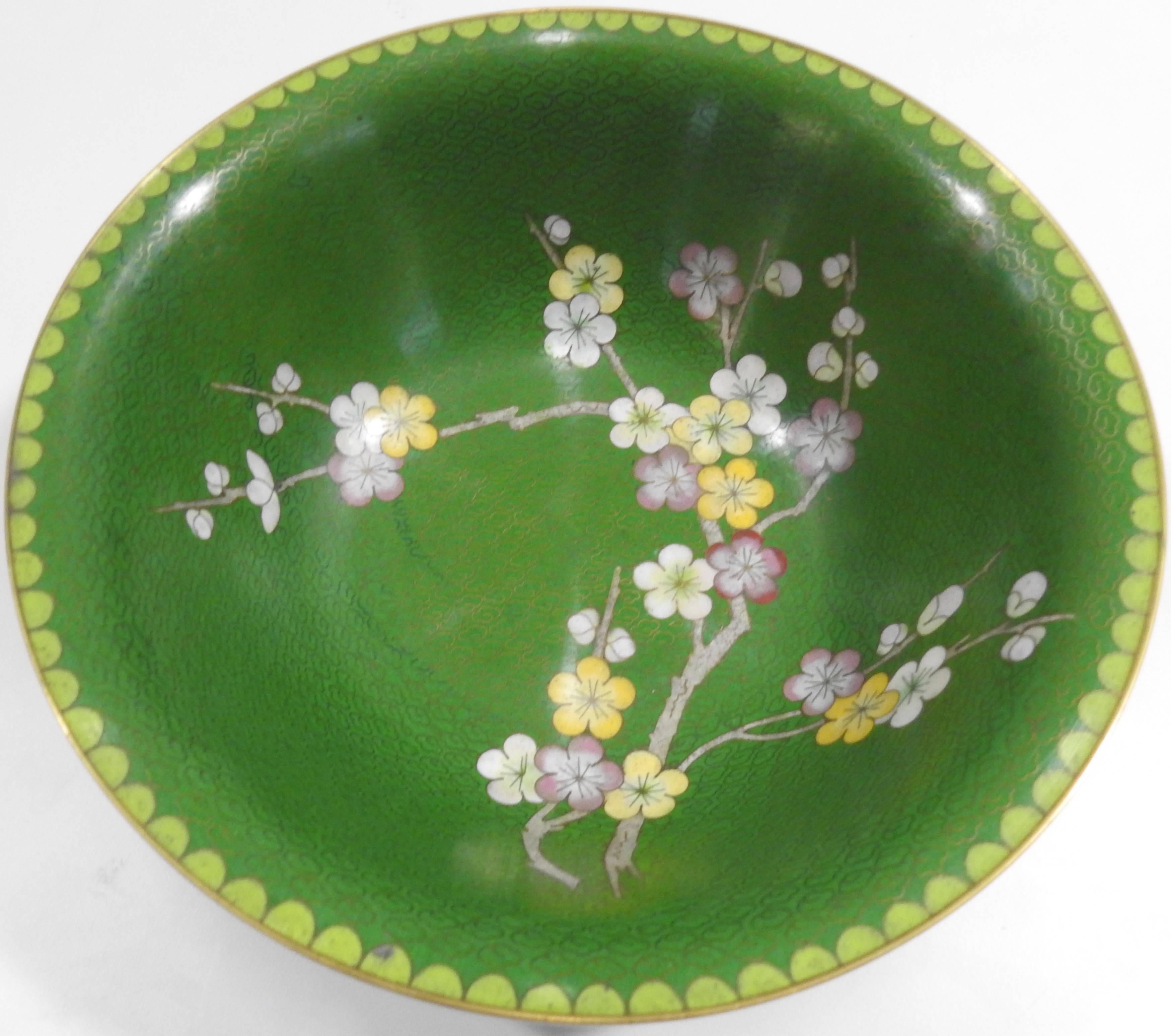 Vibrant green stands out in this lovely cloisonné bowl. The edging has the brass peeking out with a soft green scalloped border. Both the inside and outside have detailed cherry blossoms, Iris, and orchid in shades of pinks, yellows and blues. Tiny