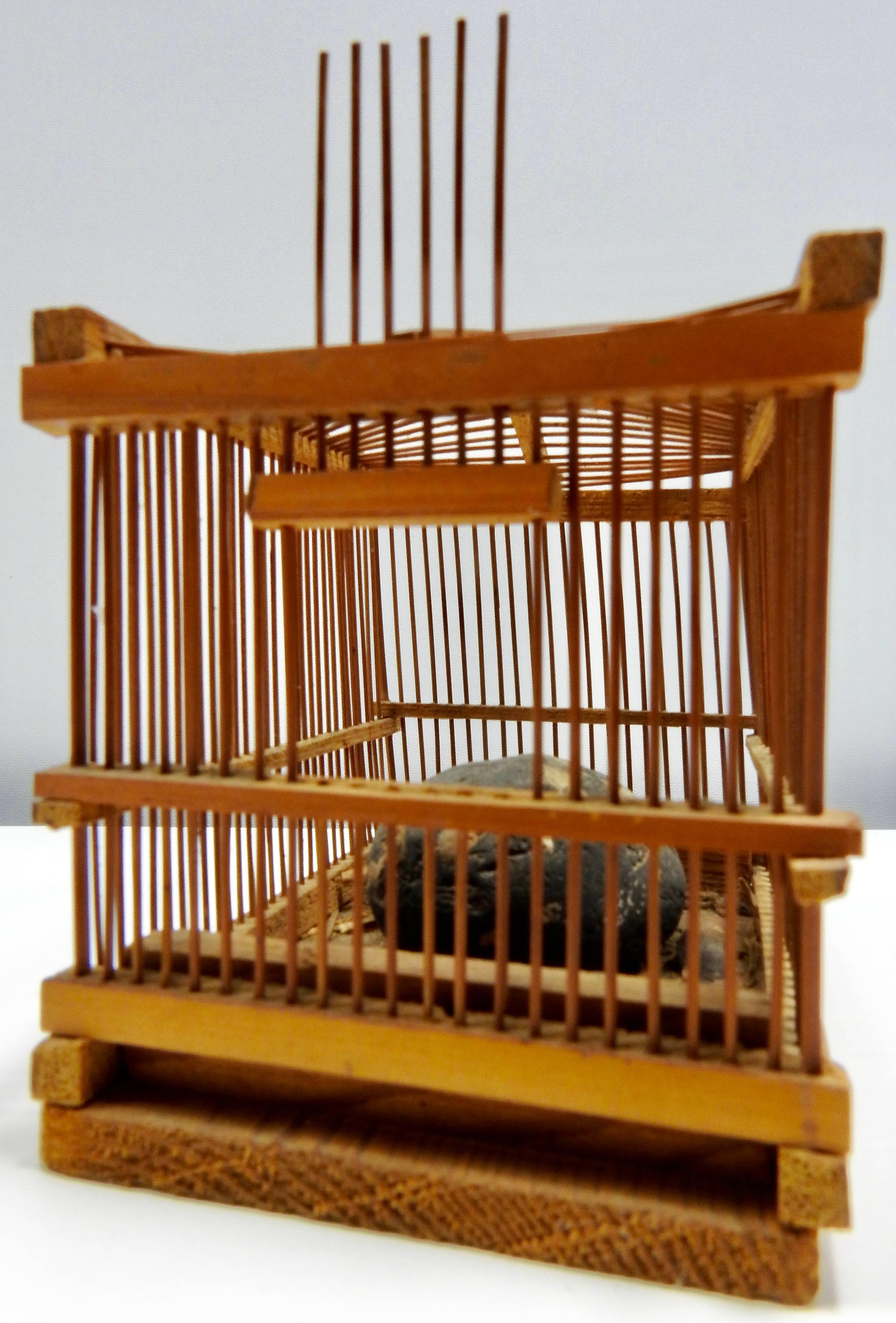 Your cricket can live in style in this antique cricket cage! There is a rock mounted on the inside with pieces of straw strewn about, one end has a section that can be raised up and the entire top section will come off.
