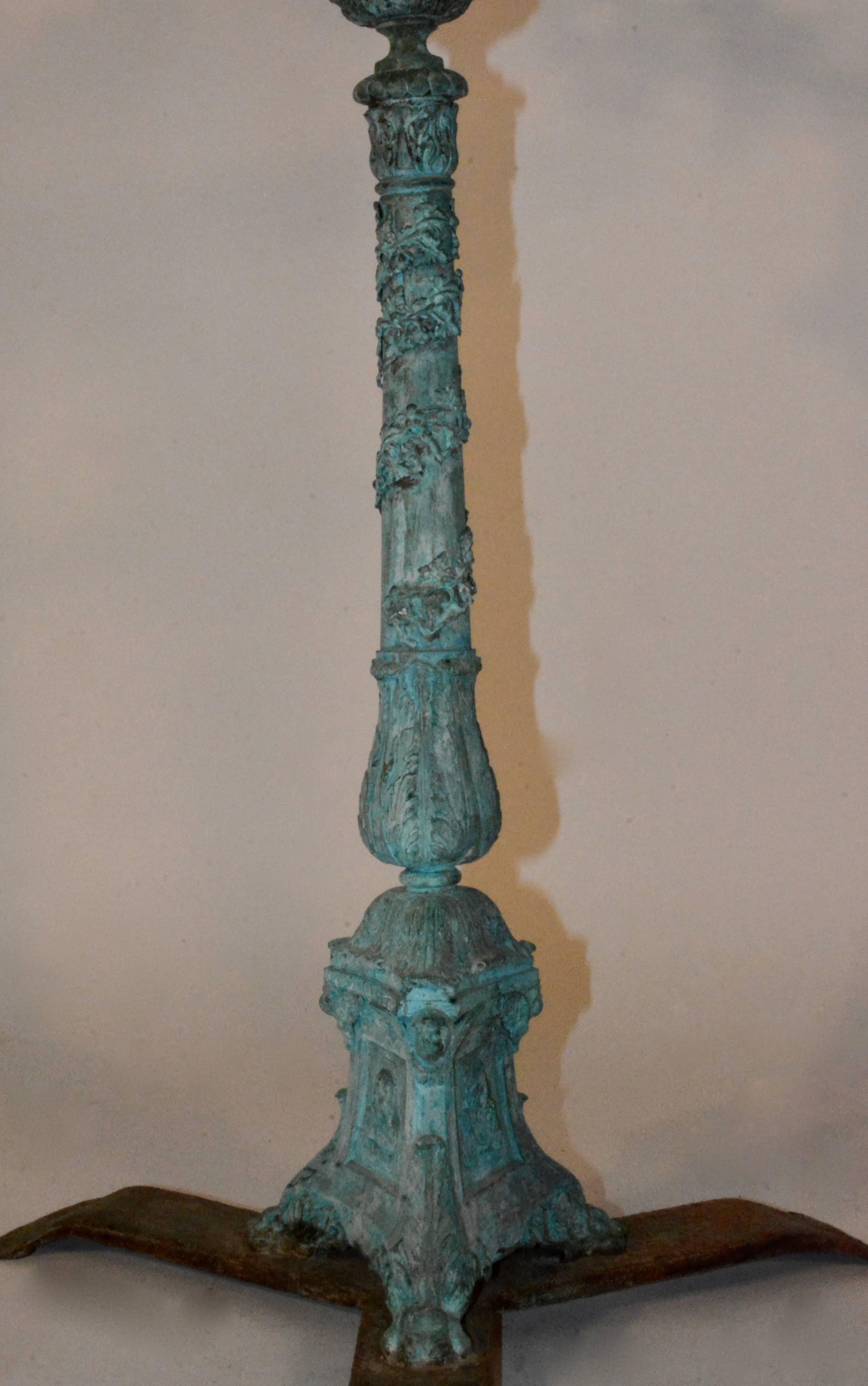 Metalwork Pair of French Patinated Bronze Standing Candelabra