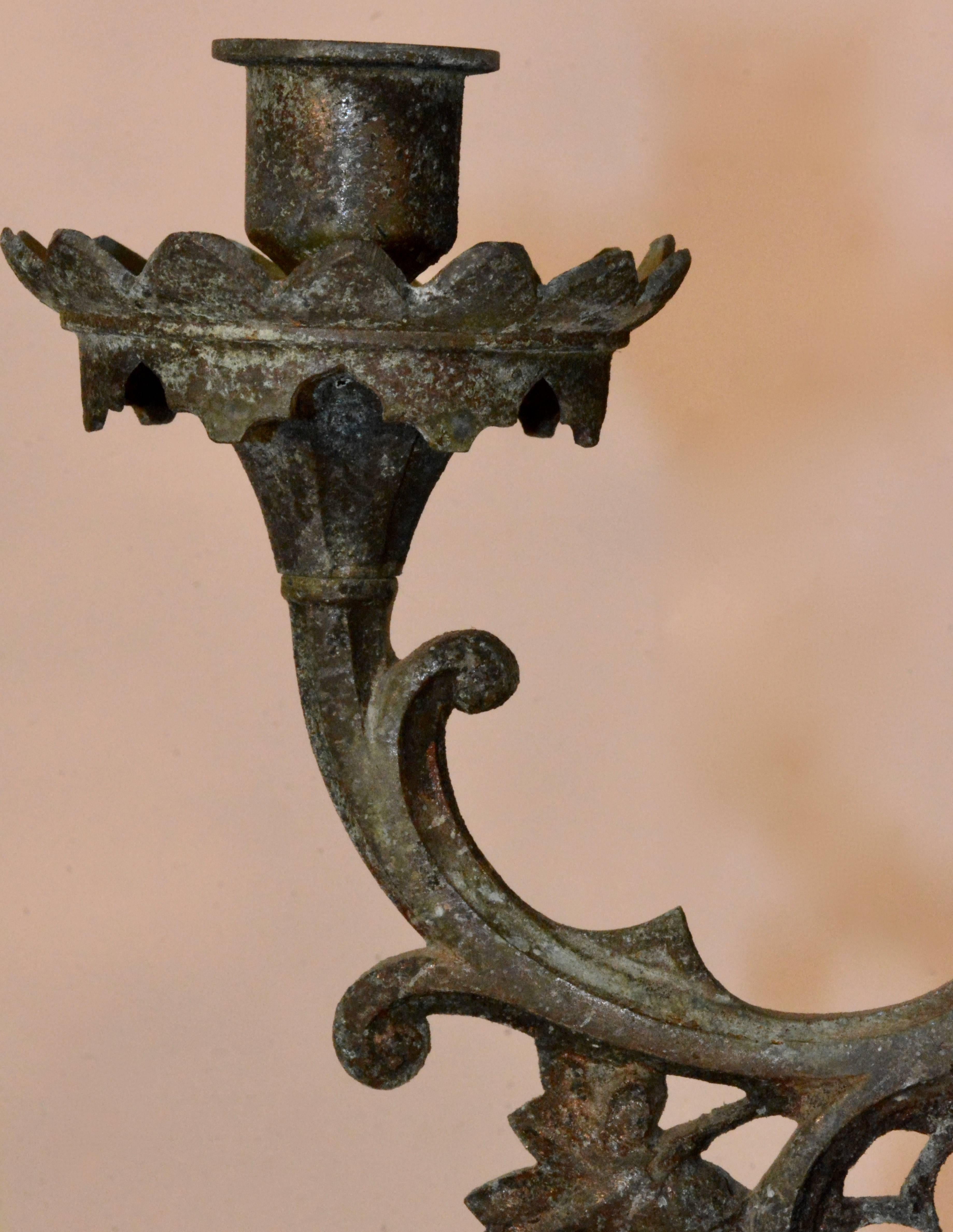19th Century Pair of French Patinated Bronze Standing Candelabra