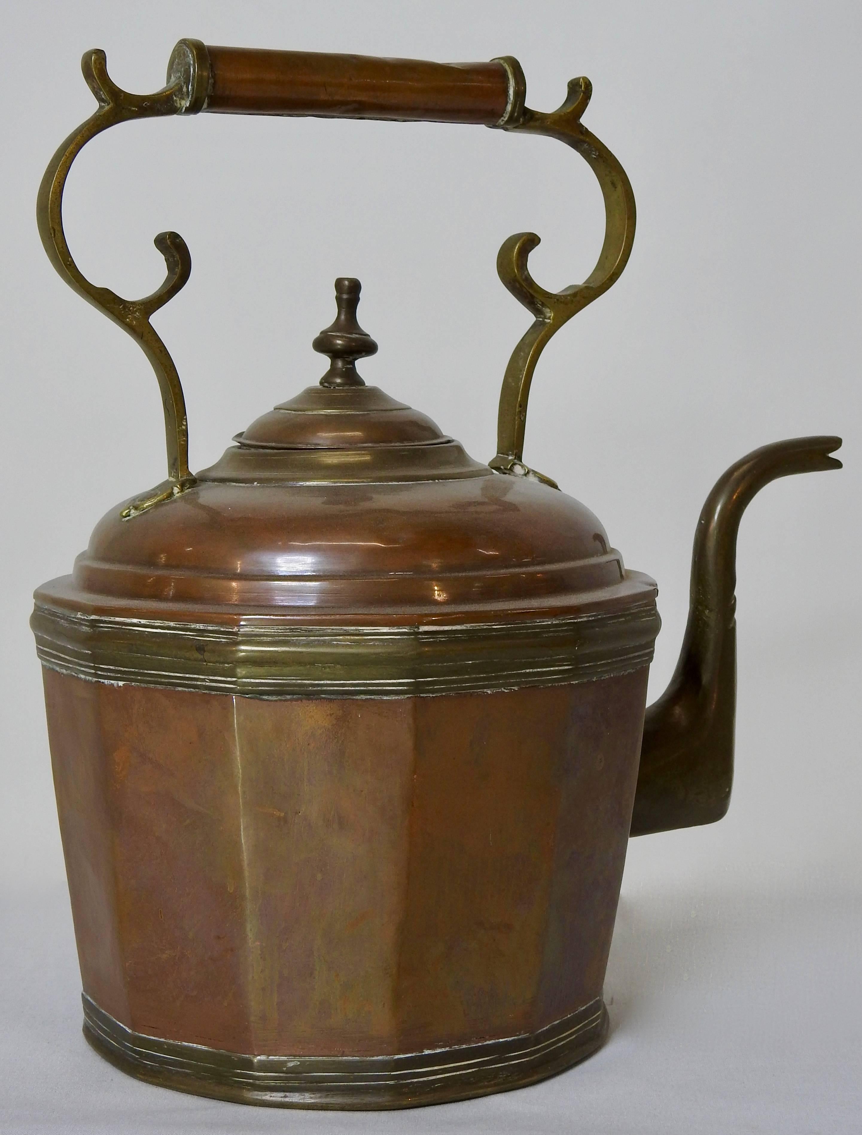 This 19th century copper and brass water pot has detailing like no other. Starting at the bottom with a beautiful brass band that wraps all the way around. Leading up to a shaped copper vessel the spout that comes out from a stamped brass inset.
