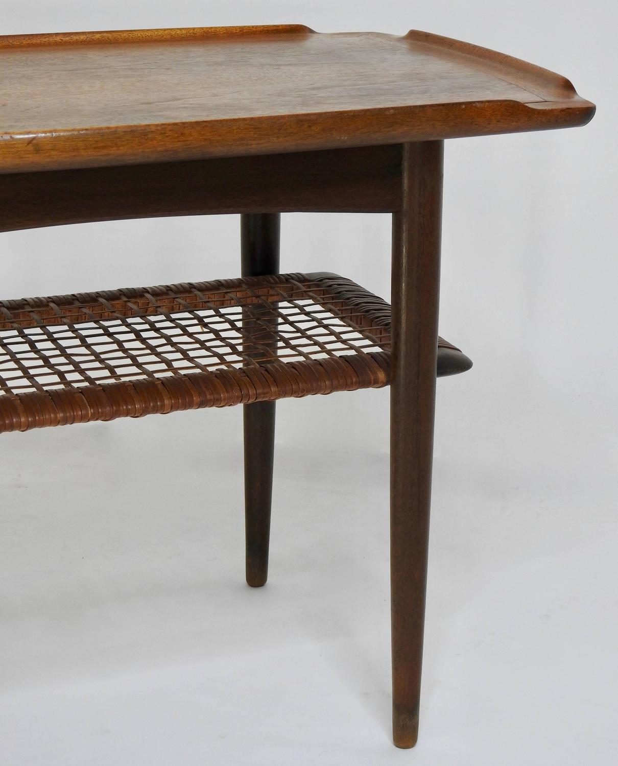 Selig MidCentury Danish Side Table with Woven Shelf For Sale at 1stdibs