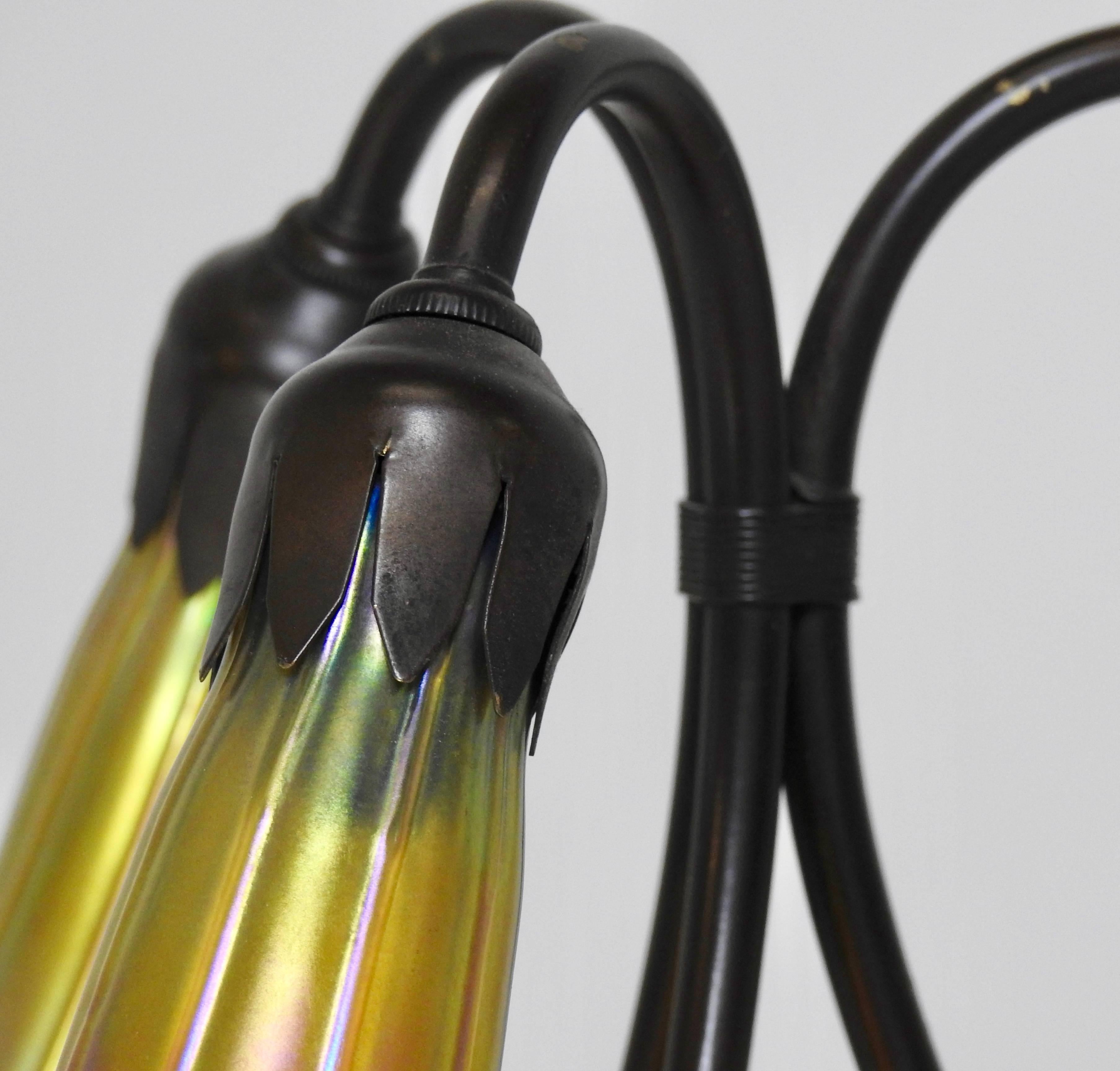 Cast Art Nouveau Tiffany New York, Three-Arm Lily Table Lamp