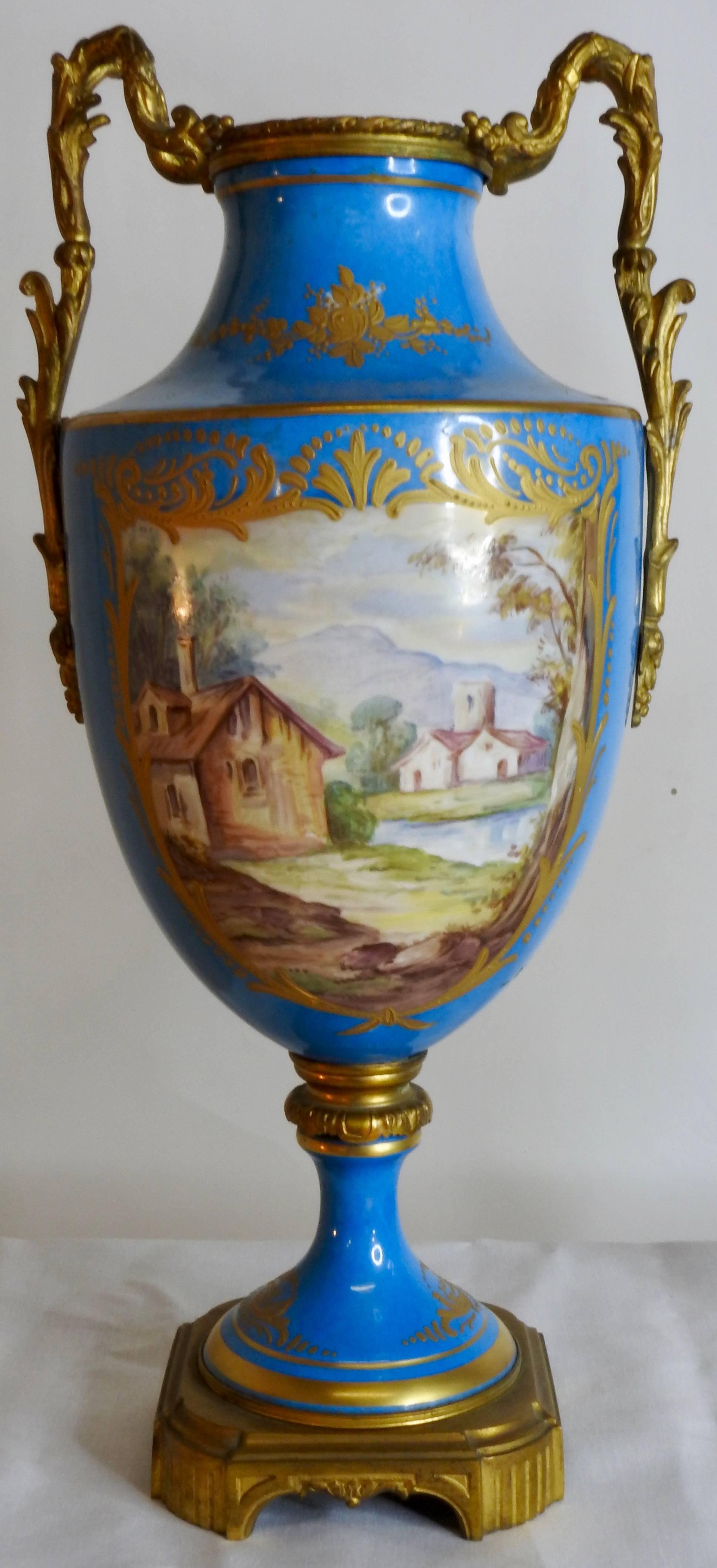 French Sevre Urns Painted by E.F. Roger, 19th Century For Sale