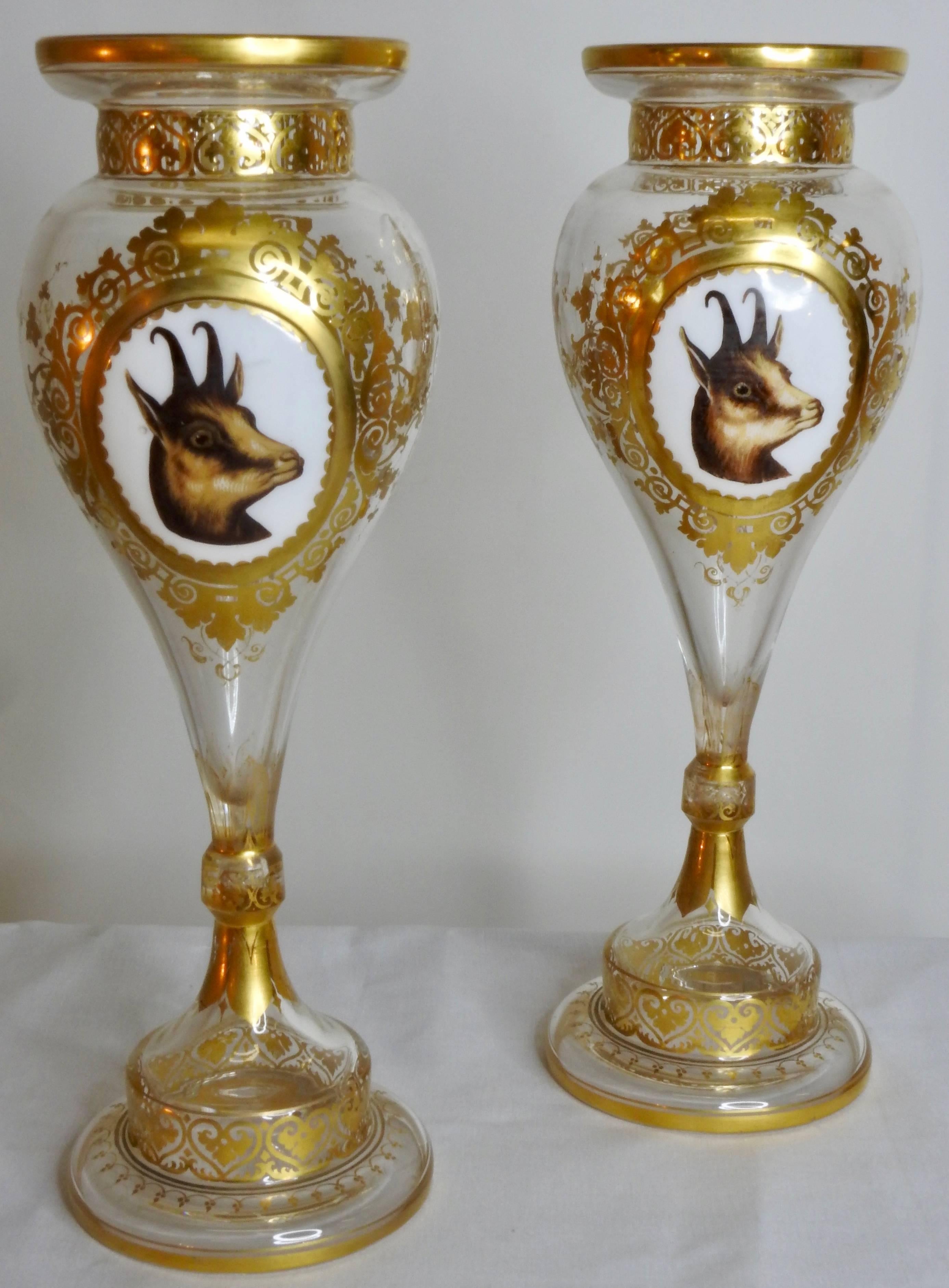 This is a stunning pair of Bohemian glass vases with animal vignettes painting on raised panels. One side depicting a whippet dog and the other side depicting a young antelope. Foliate gilt detail surrounds the paintings and also around the base.