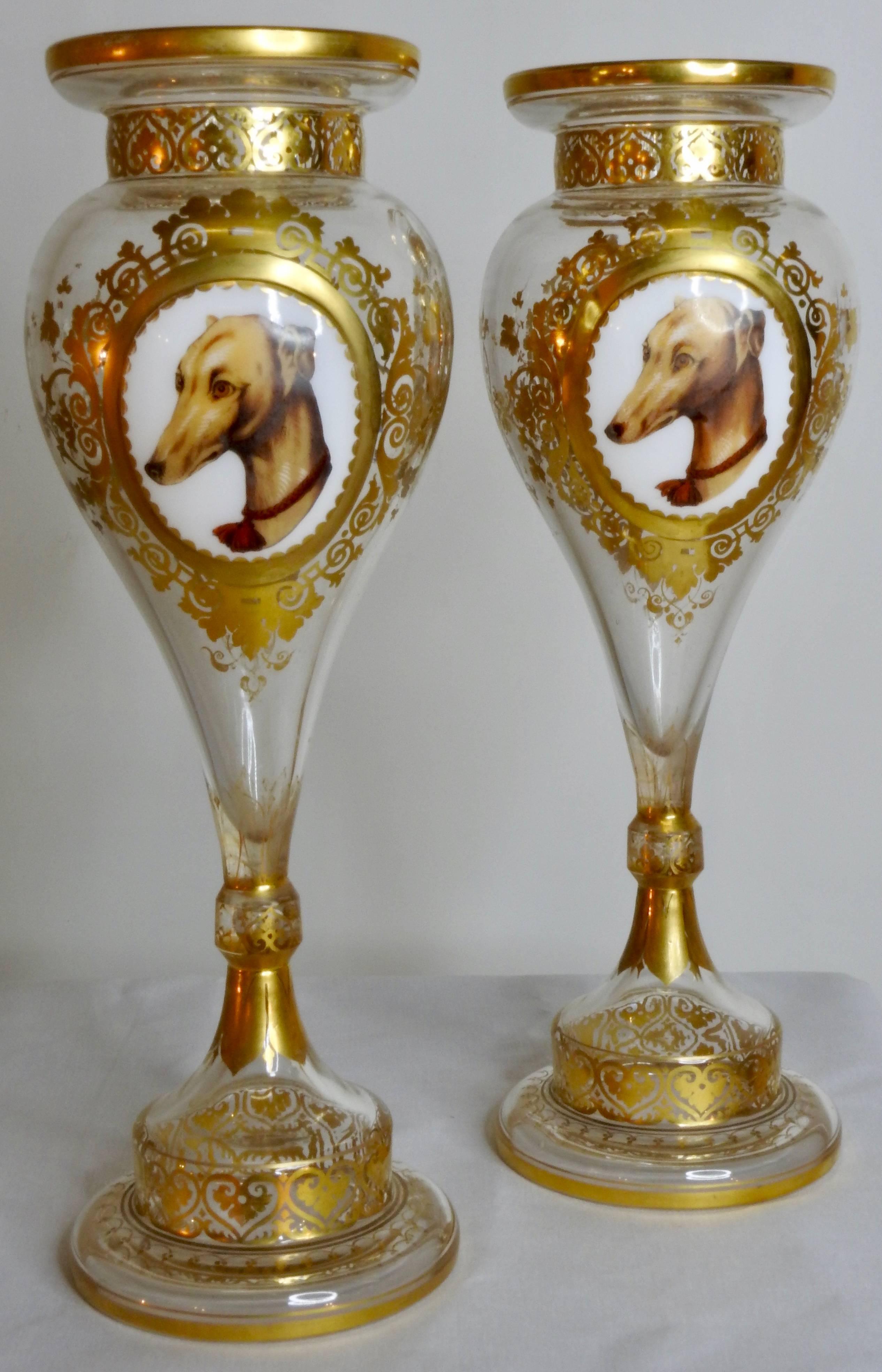 Czech Bohemian Vases with Animal Vignettes For Sale