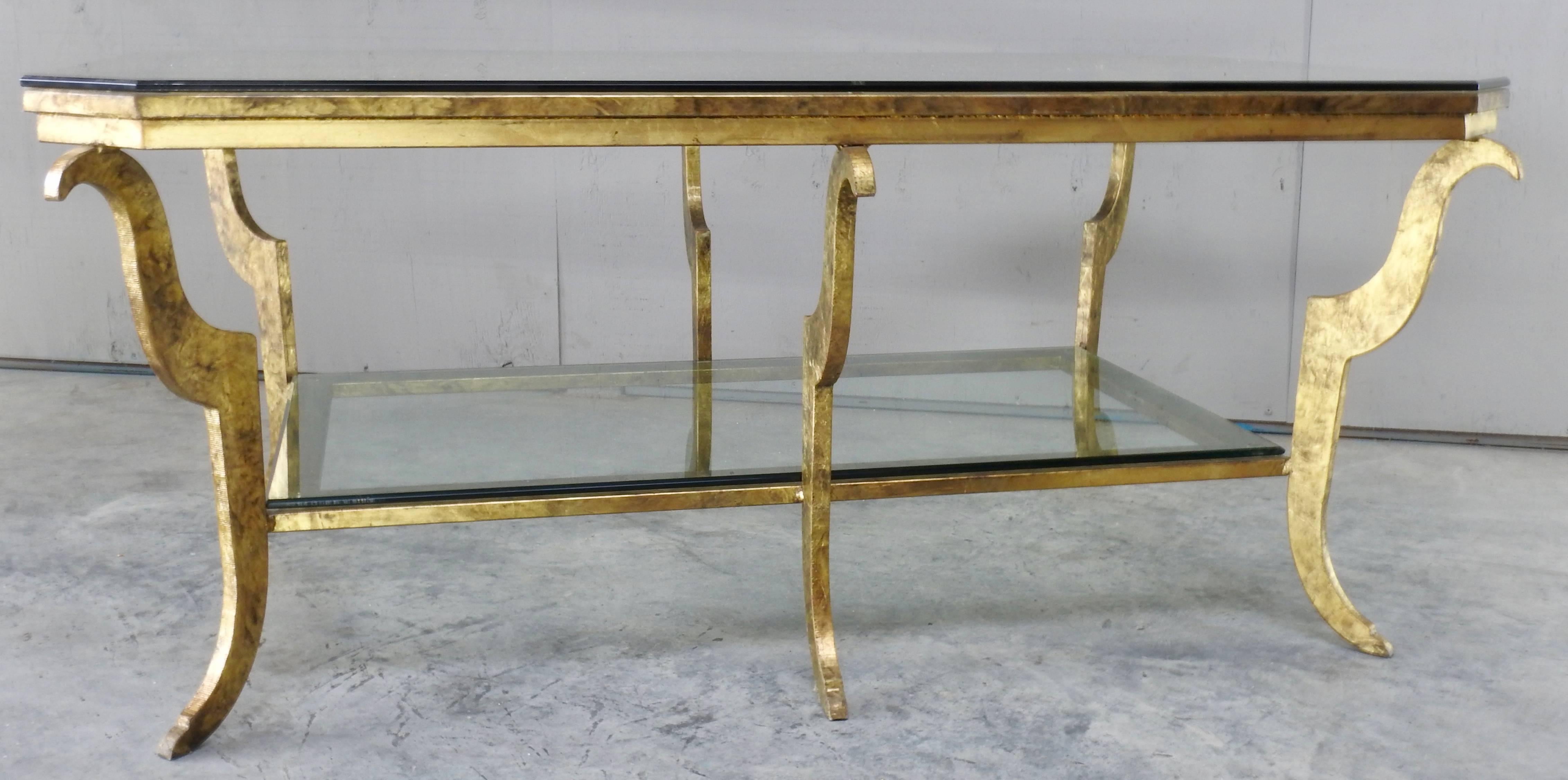 American Swaim Hollywood Regency Gilded Steel and Beveled Glass Top Cocktail Table