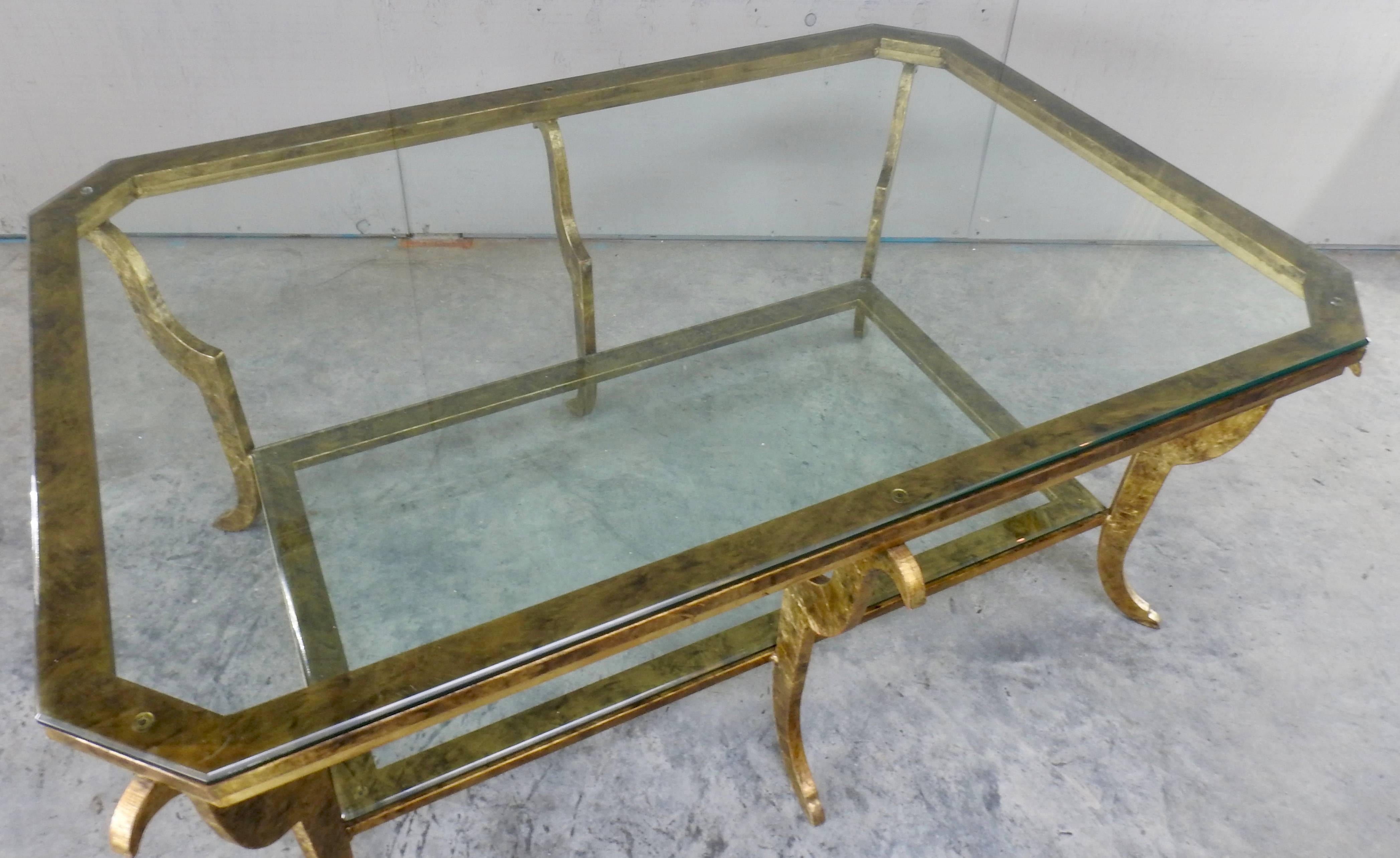 20th Century Swaim Hollywood Regency Gilded Steel and Beveled Glass Top Cocktail Table