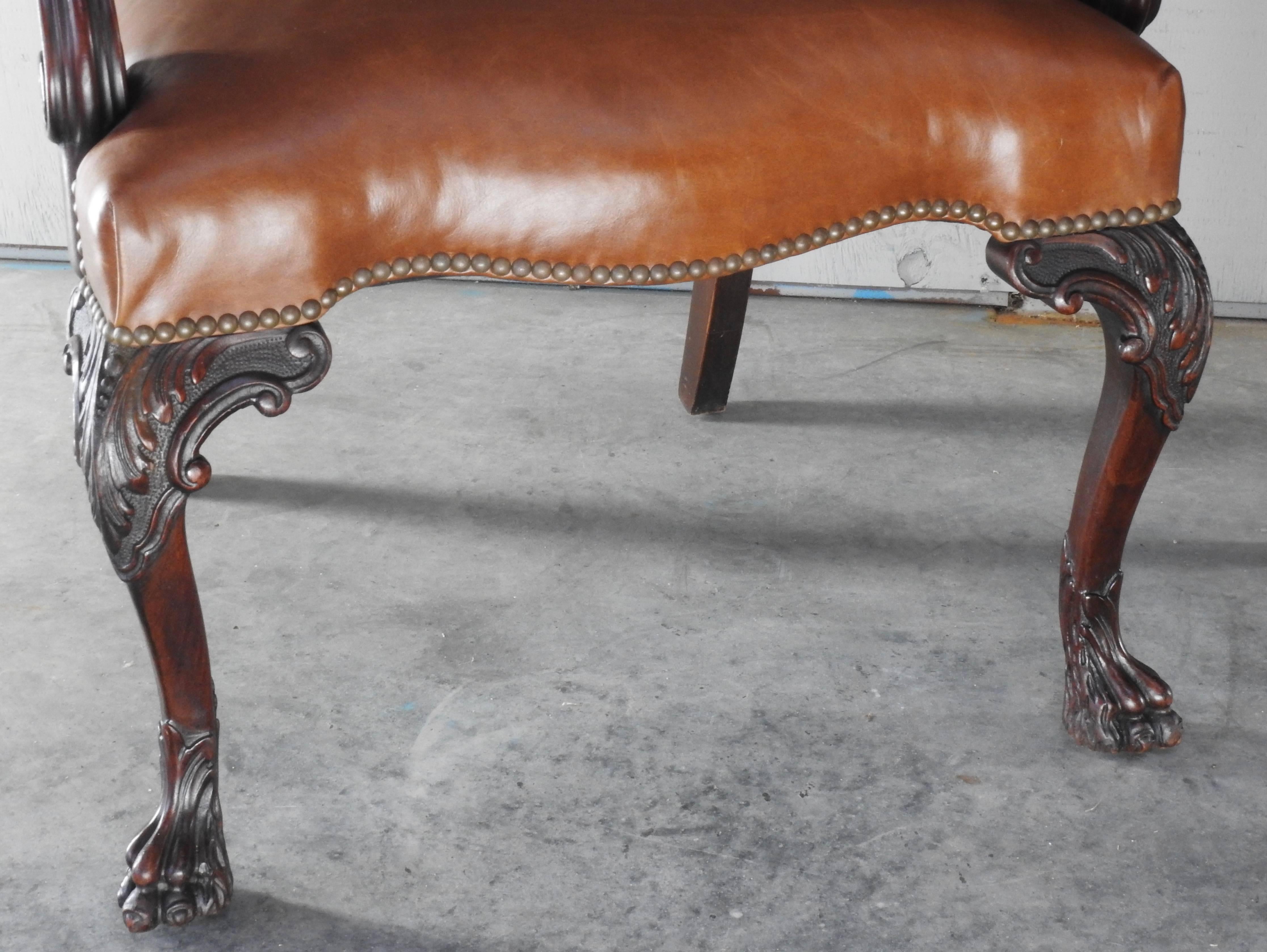 American 19th Century Walnut and Leather Side Chairs Hairy Paw Feet