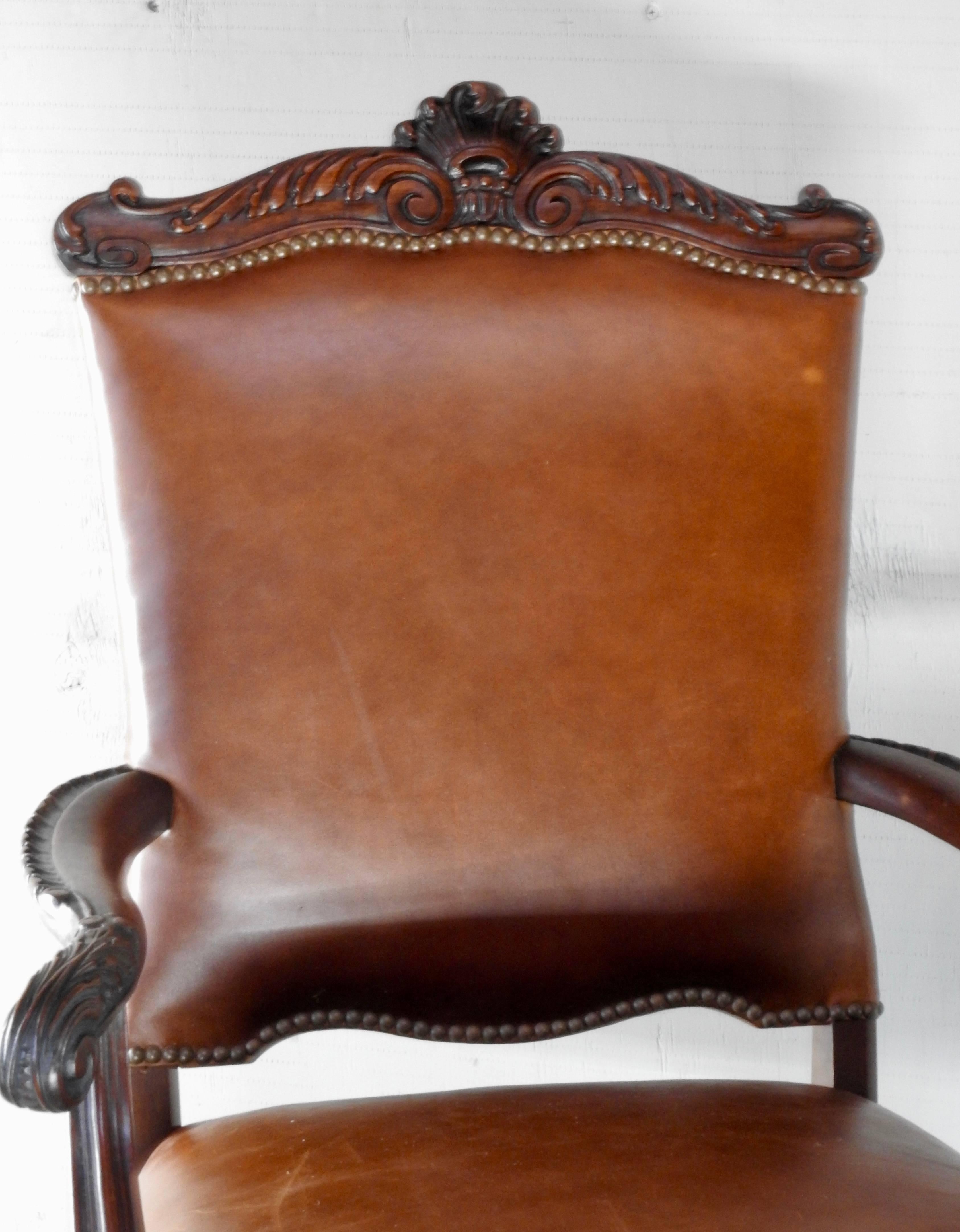 Carved 19th Century Walnut and Leather Side Chairs Hairy Paw Feet