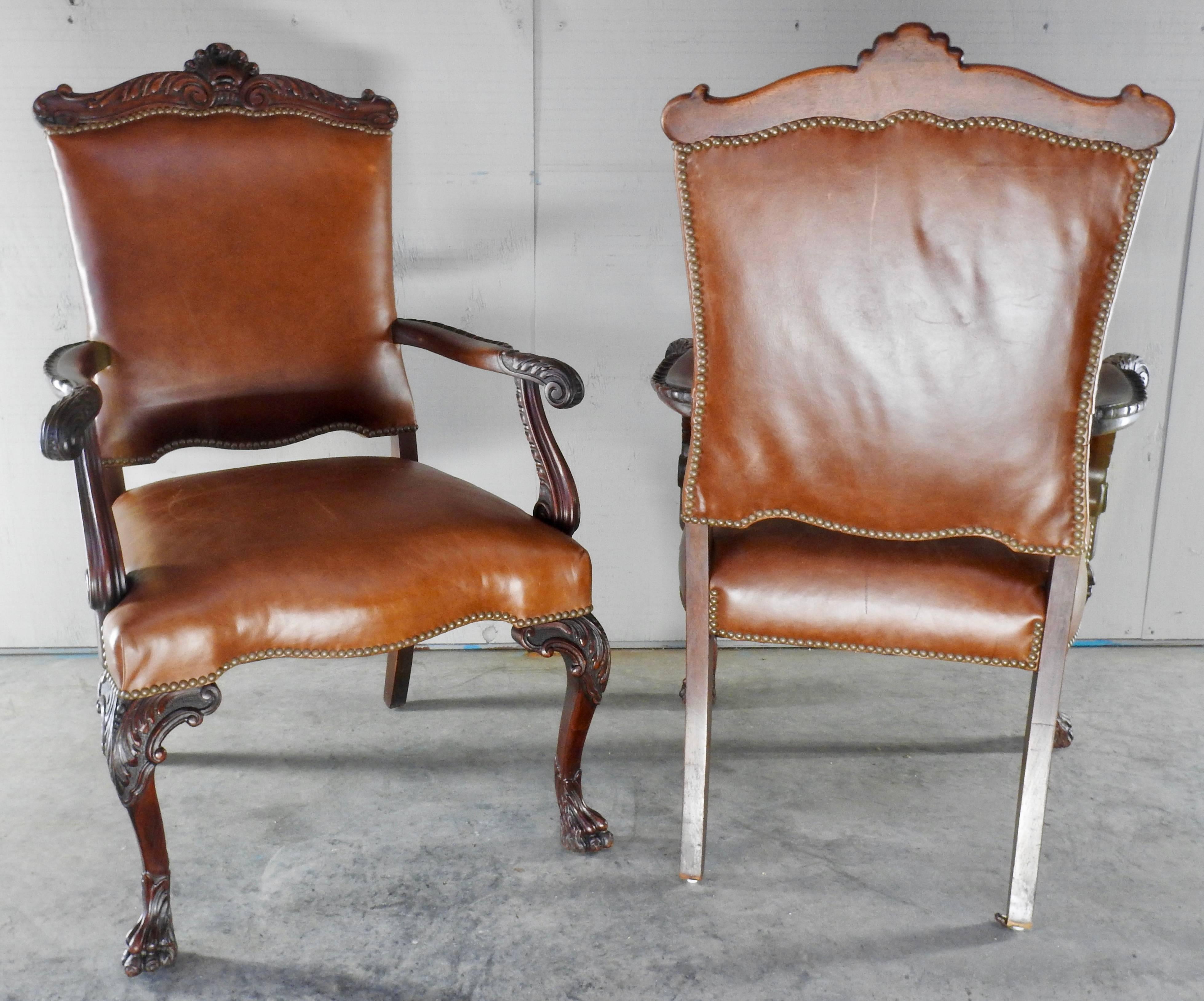 19th Century Walnut and Leather Side Chairs Hairy Paw Feet In Good Condition In Cookeville, TN