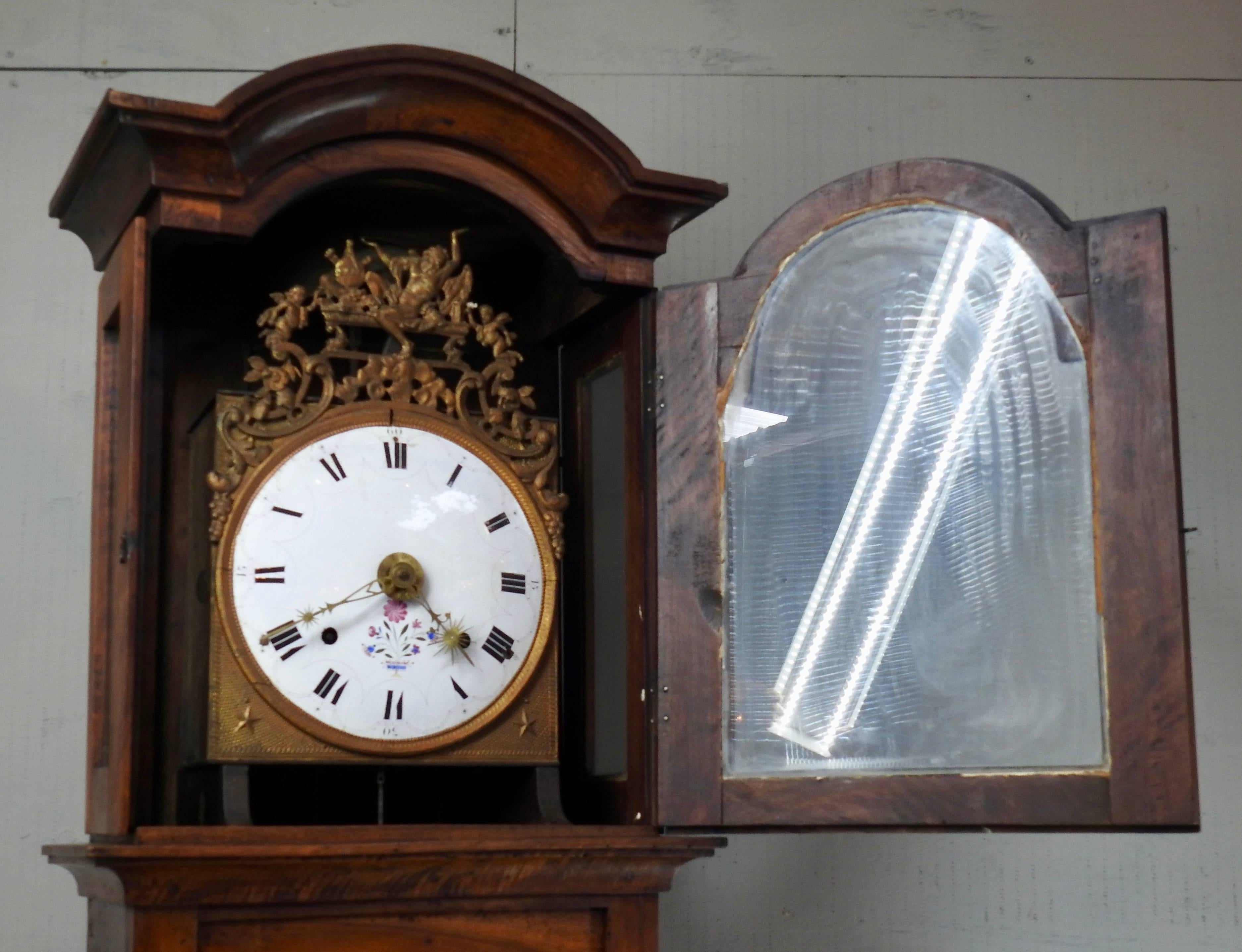 Gilt 19th Century French Tall Long Case Cherrywood Clock