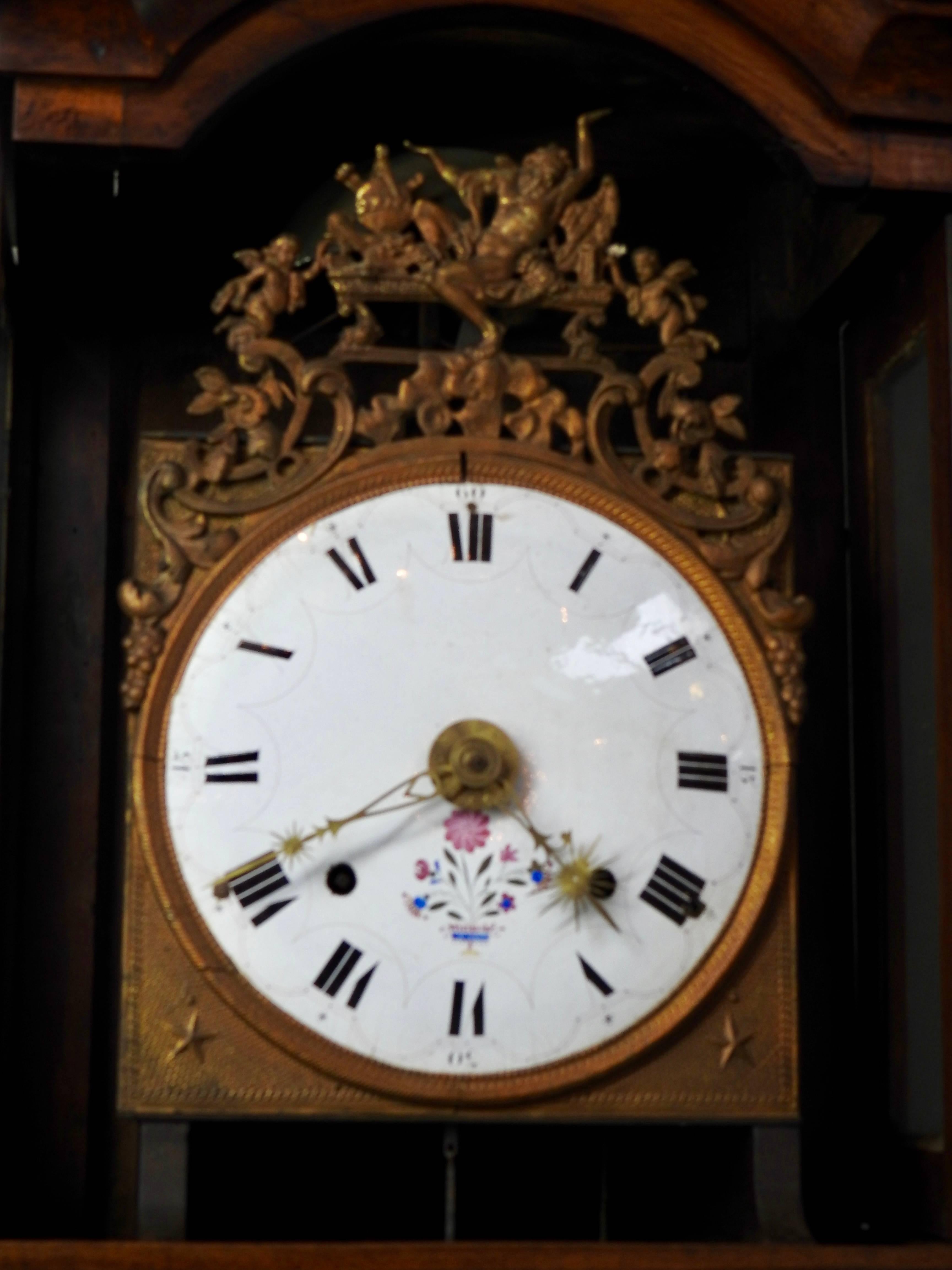 19th Century French Tall Long Case Cherrywood Clock In Good Condition In Cookeville, TN