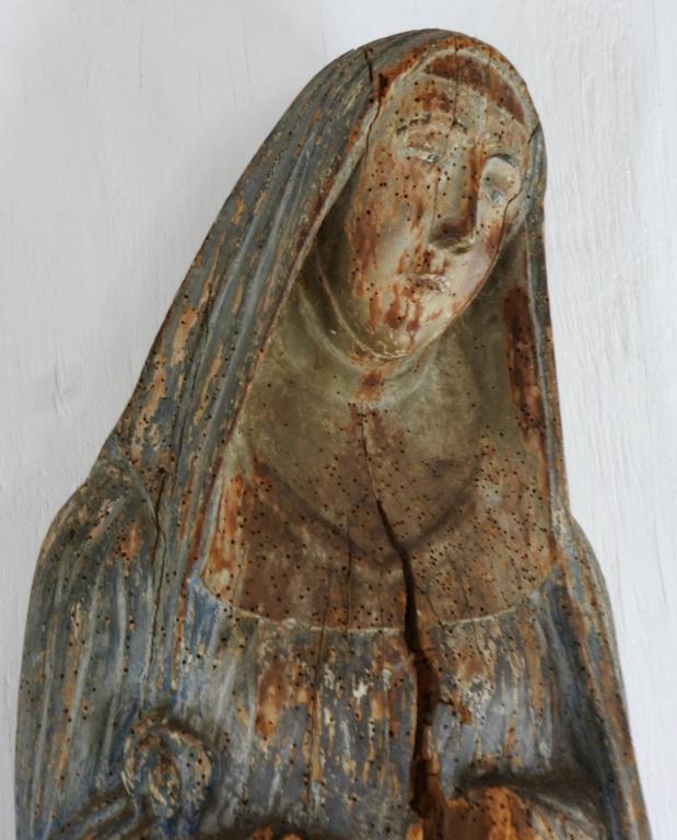 Early 17th Century Primitive Religious Wooden Carving of Virgin Mary at
