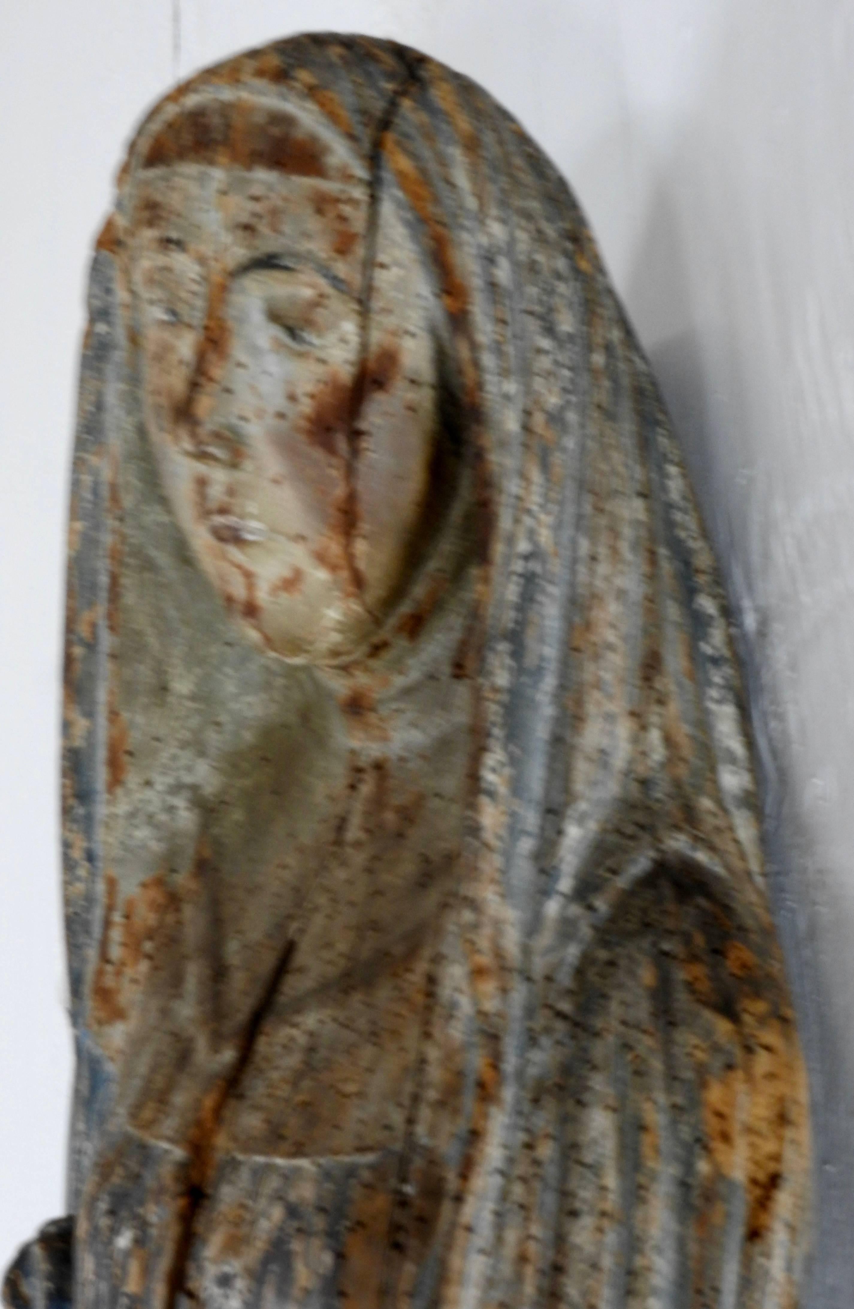 Hand-Carved Early 17th Century Primitive Religious Wooden Carving of Virgin Mary