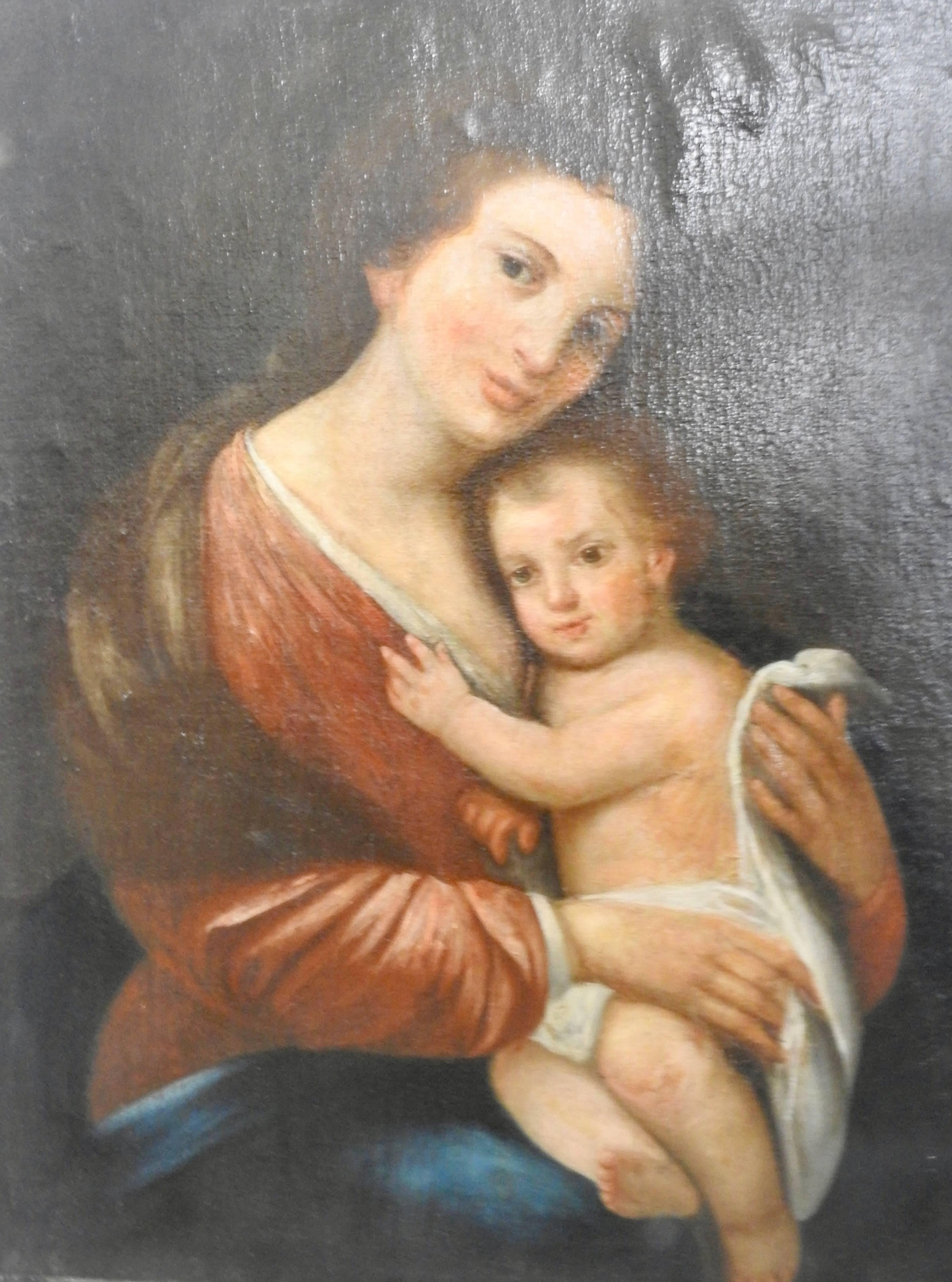Madonna and child exquisitely painted on oil on canvas. The faces have wonderful details and the soft colors add to the beauty of this piece. Does not include a frame.