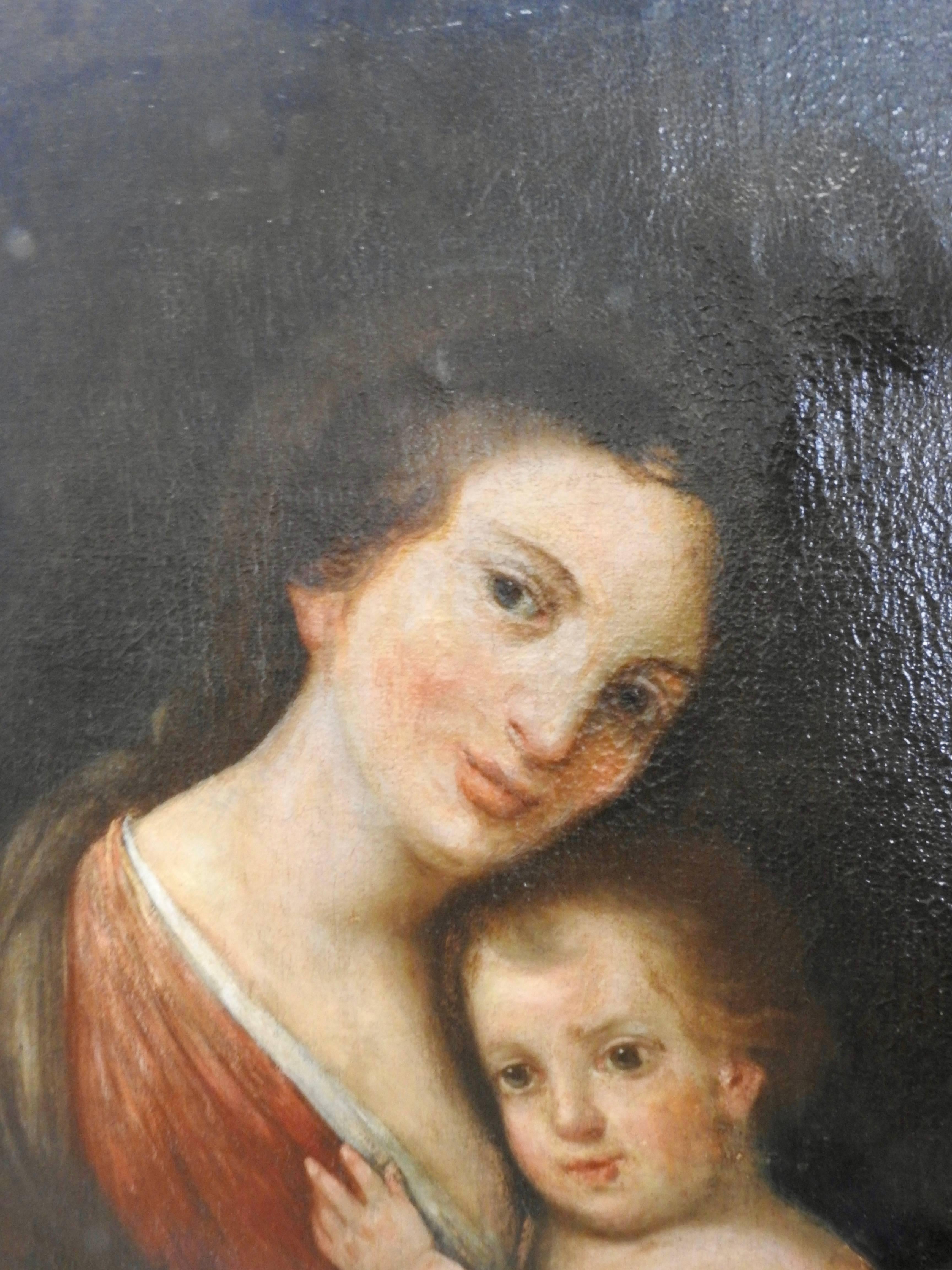 Hand-Painted Early 19th Century Oil on Canvas Madonna and Child