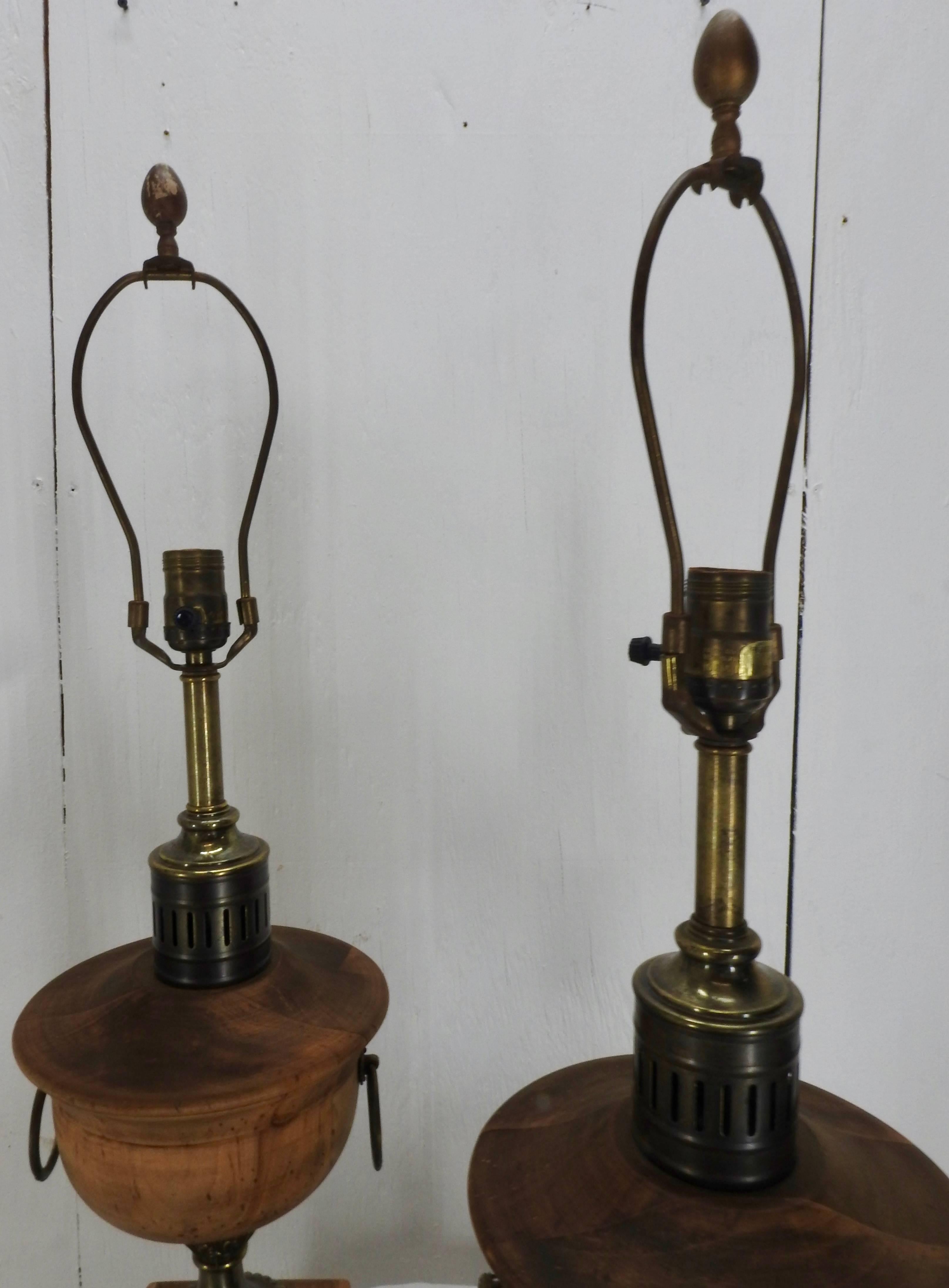 American Colonial Frederick Cooper Metal and Wooden Lamps, Pair For Sale