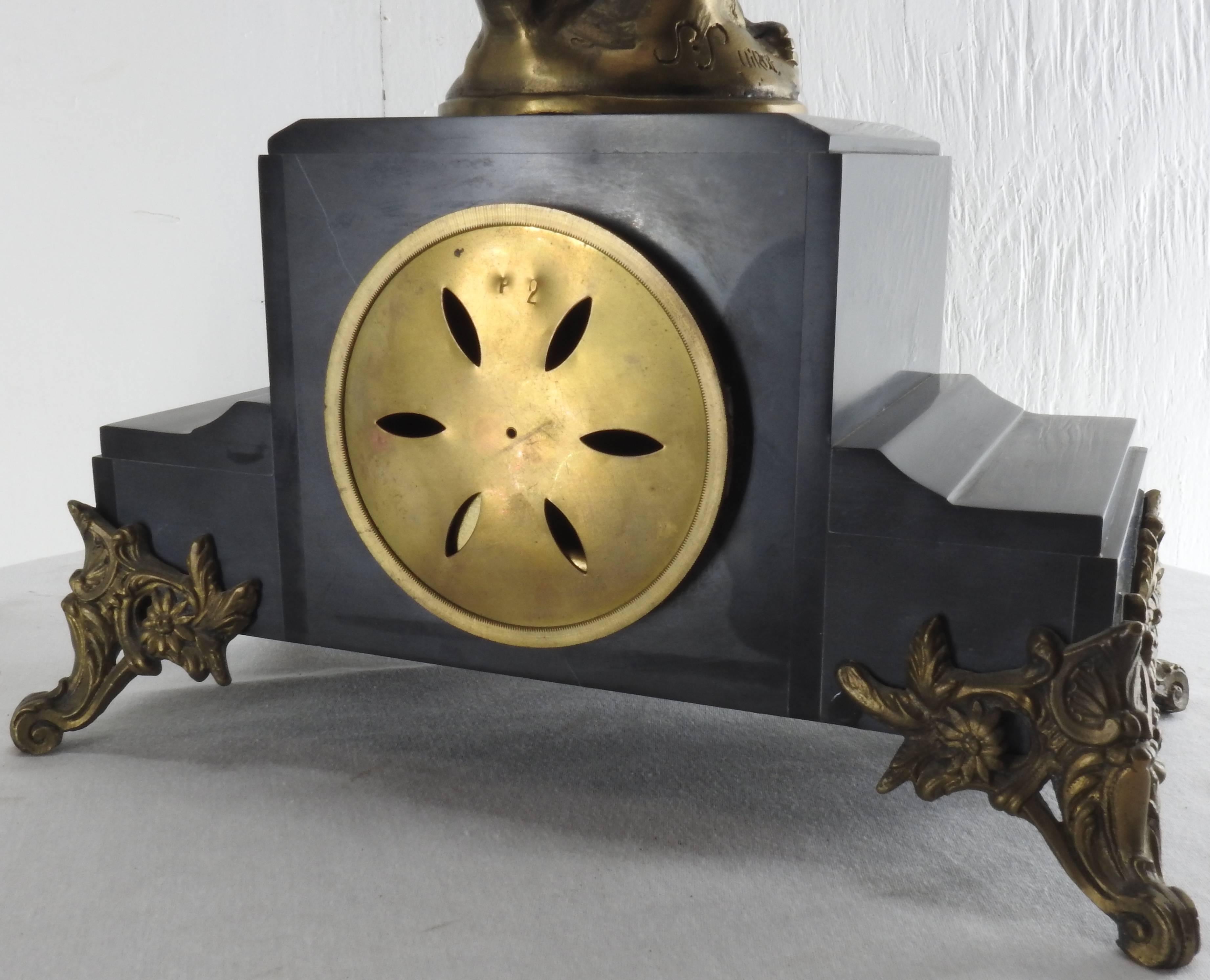 Art Deco French Clock with Bronze Figure Signed S. Suirat For Sale