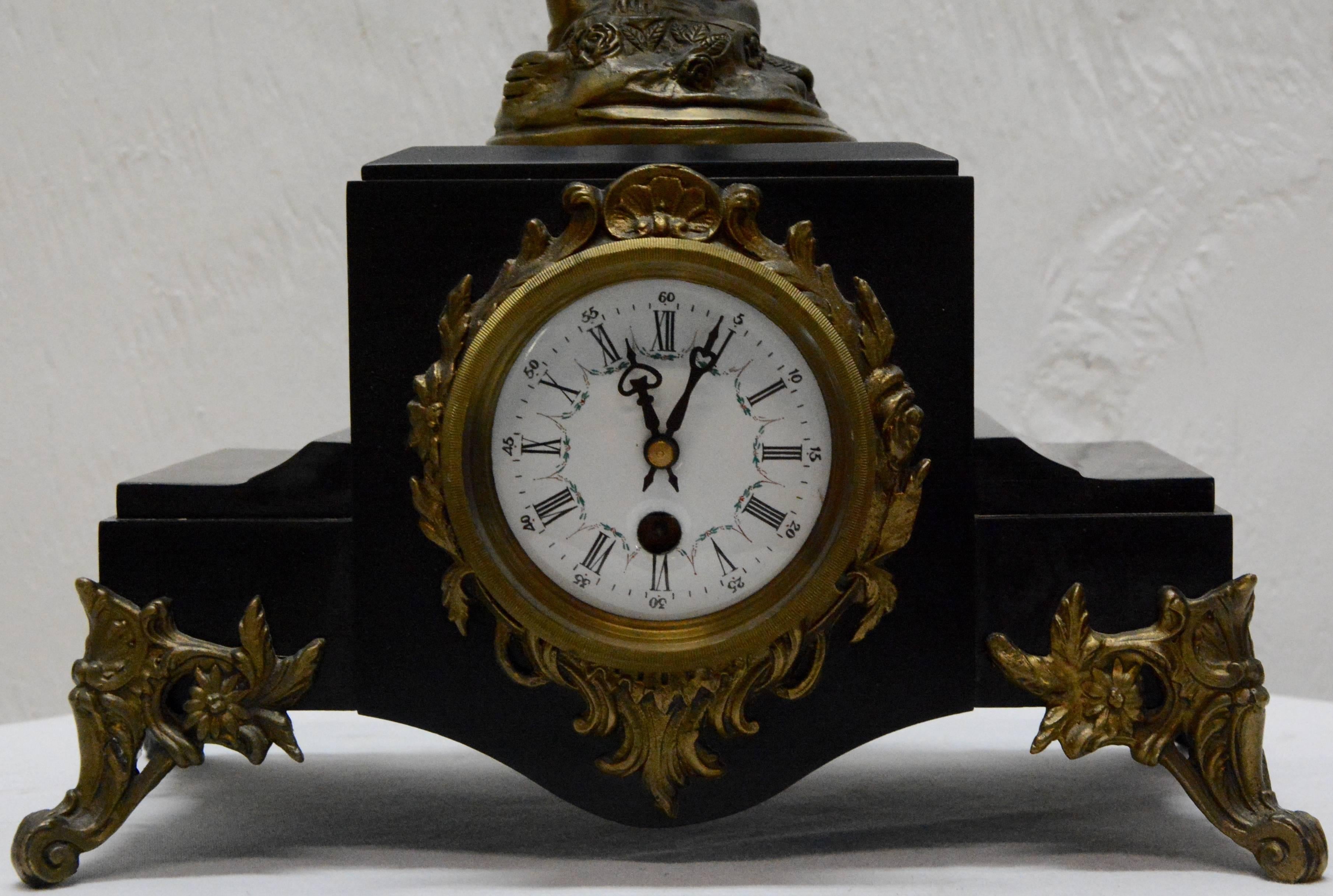 19th Century French Clock with Bronze Figure Signed S. Suirat For Sale