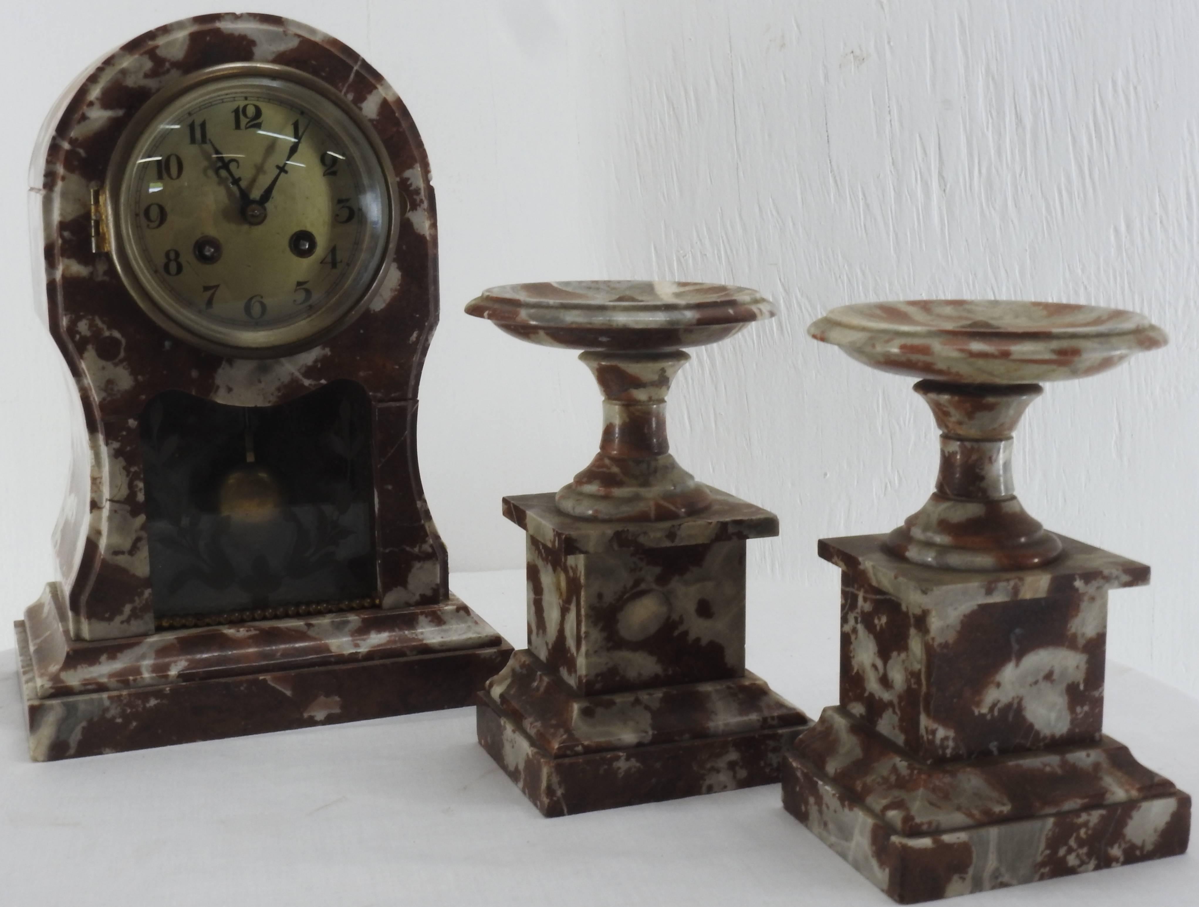 20th Century French Art Deco Marble Mantel Clock and Pedestals For Sale