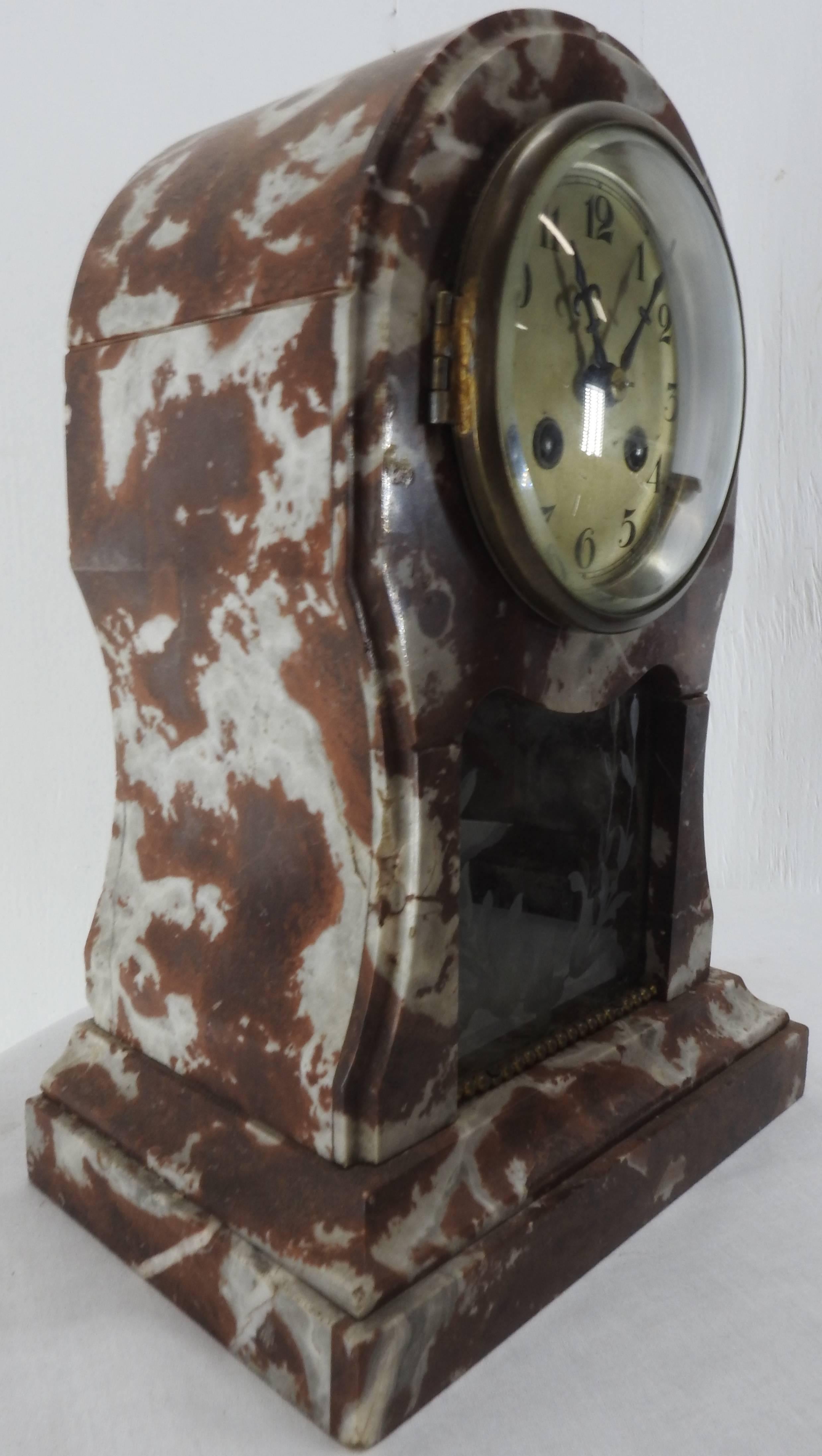 French Art Deco Marble Mantel Clock and Pedestals For Sale 2