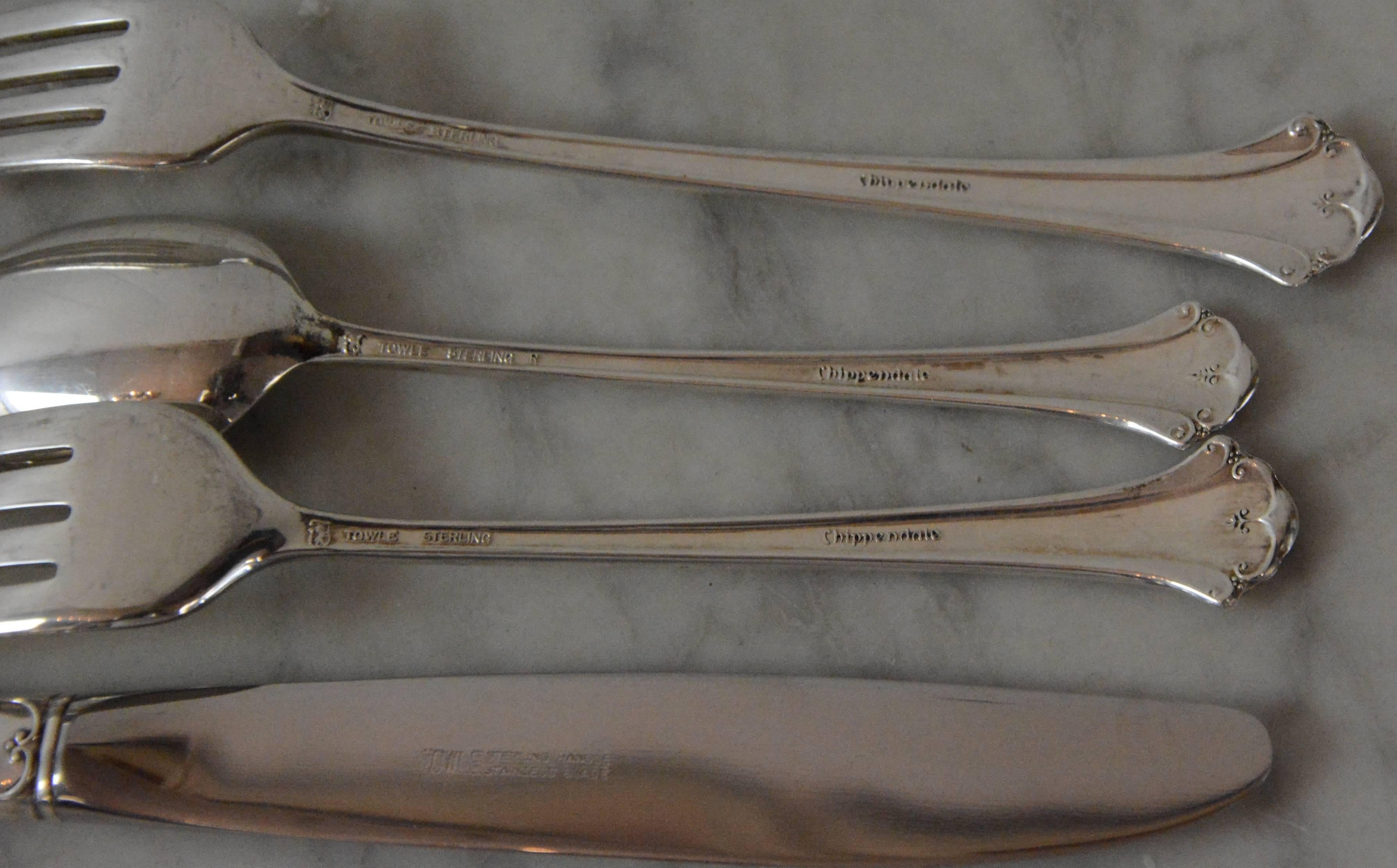 20th Century Towle Sterling Silver Flatware Set Chippendale Pattern 39 Pieces For Sale