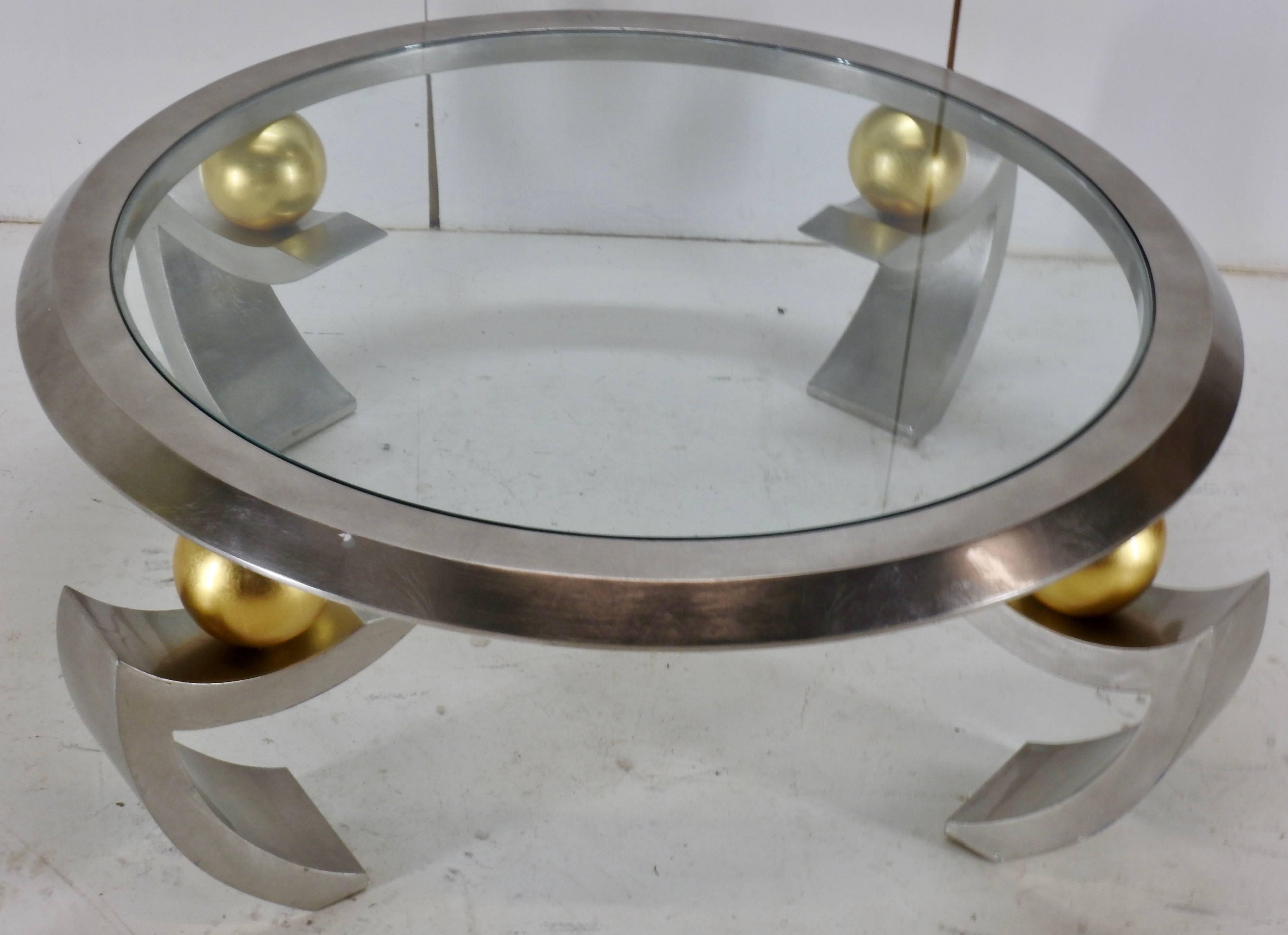 Hollywood Regency Contemporary Glass Top Circular Cocktail Table