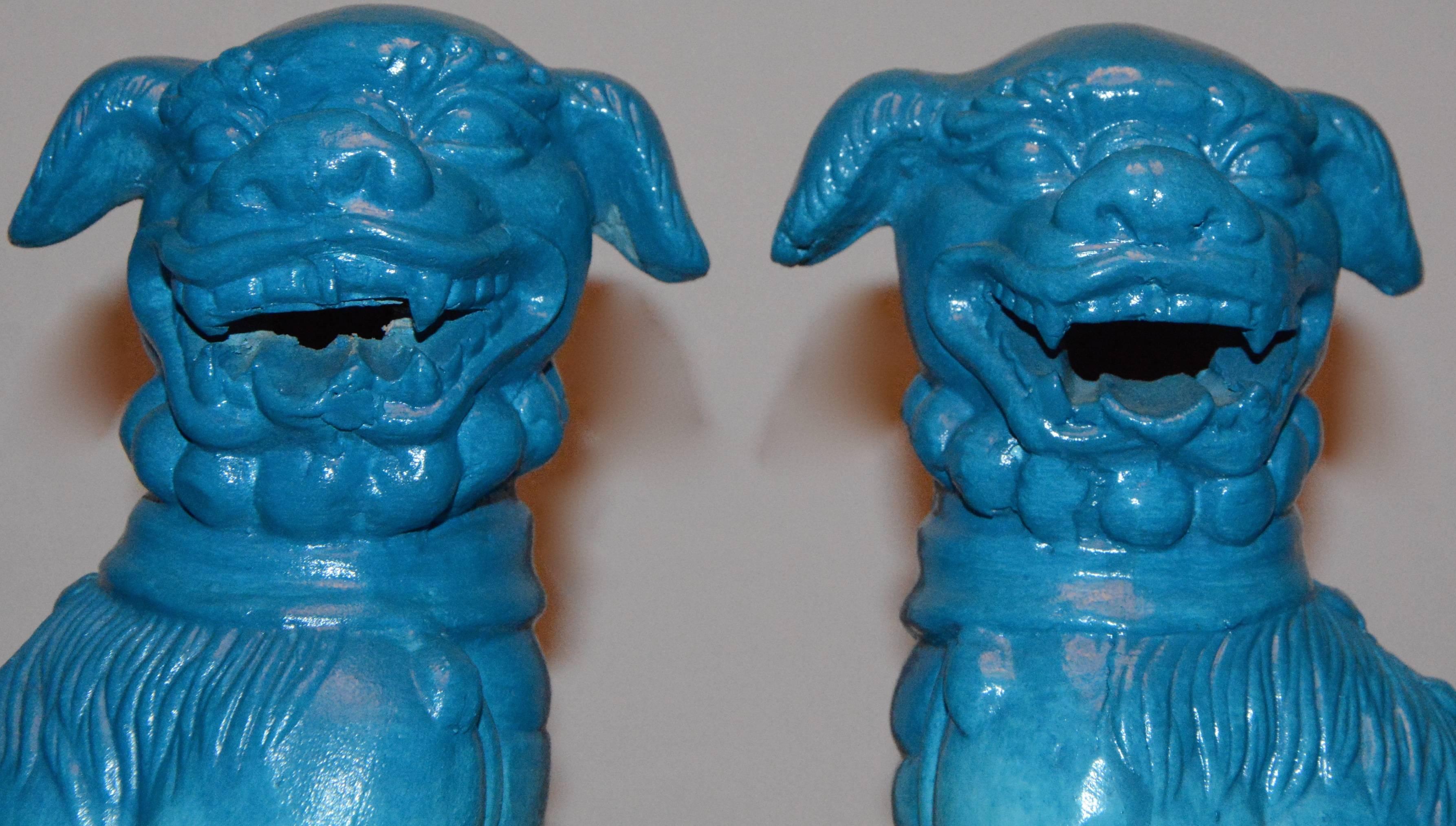 Glazed Pair of Chinese Blue Ceramic Guardian Lion