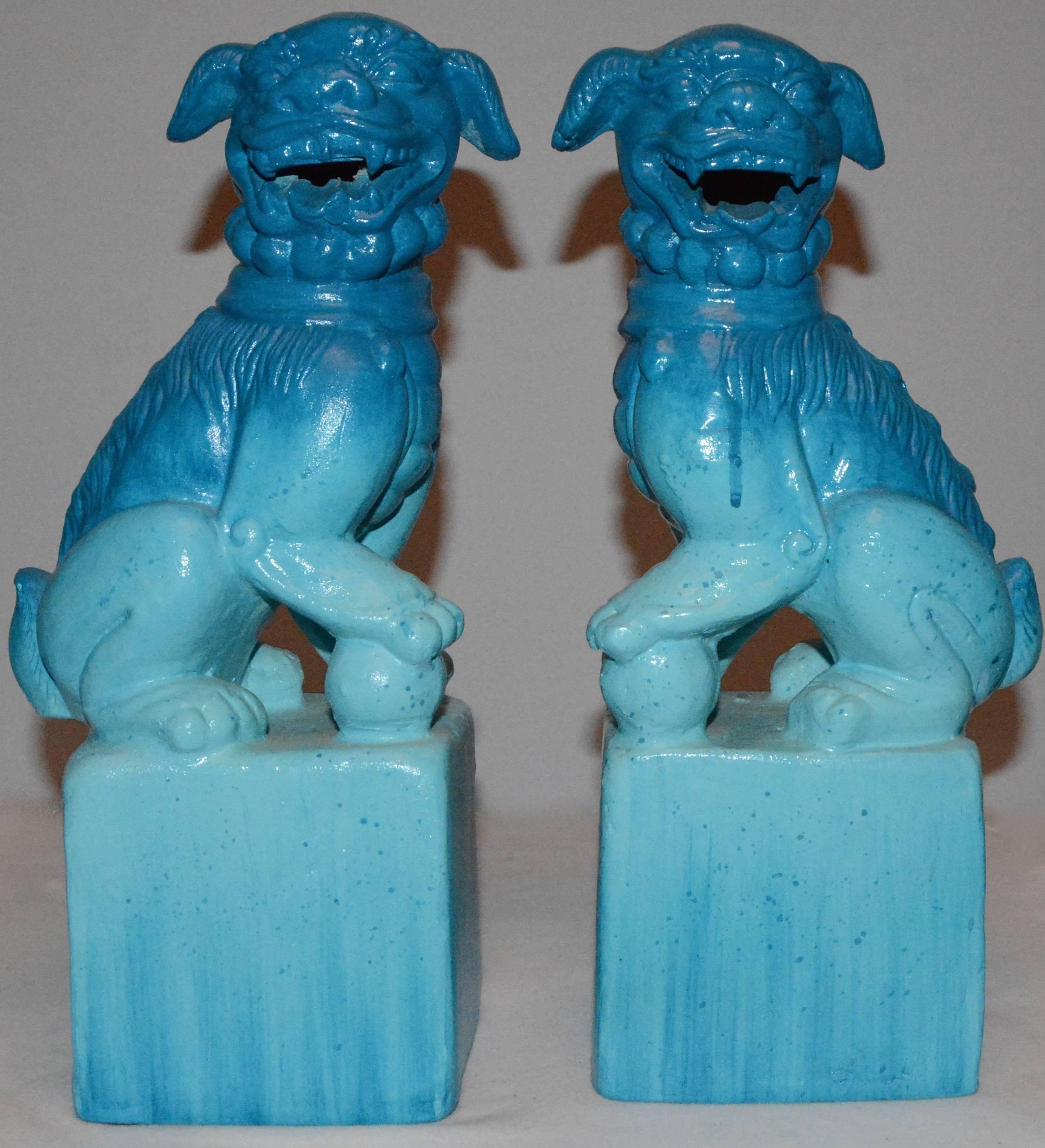 Pair of Chinese Blue Ceramic Guardian Lion In Good Condition In Cookeville, TN