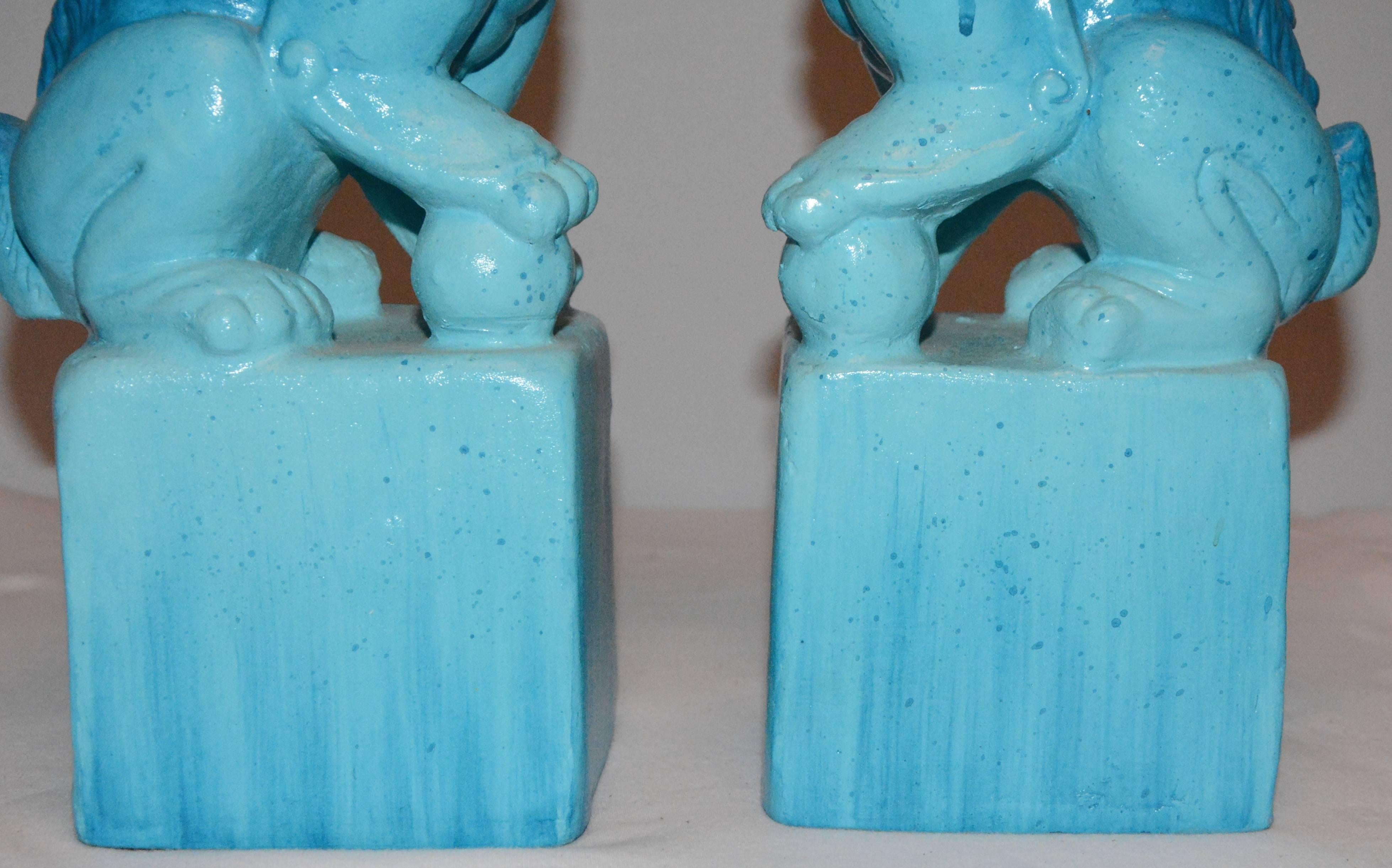 20th Century Pair of Chinese Blue Ceramic Guardian Lion