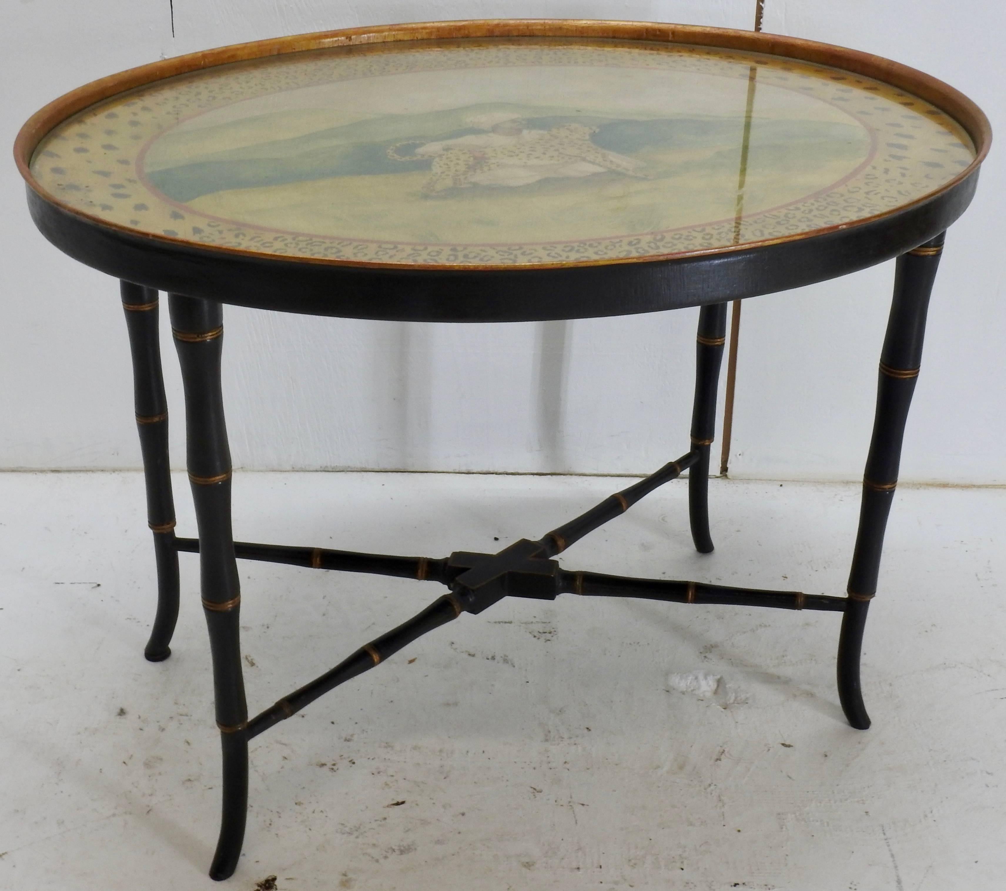 Asian Chippendale Style Hand Painted Faux Bamboo Oval Table For Sale