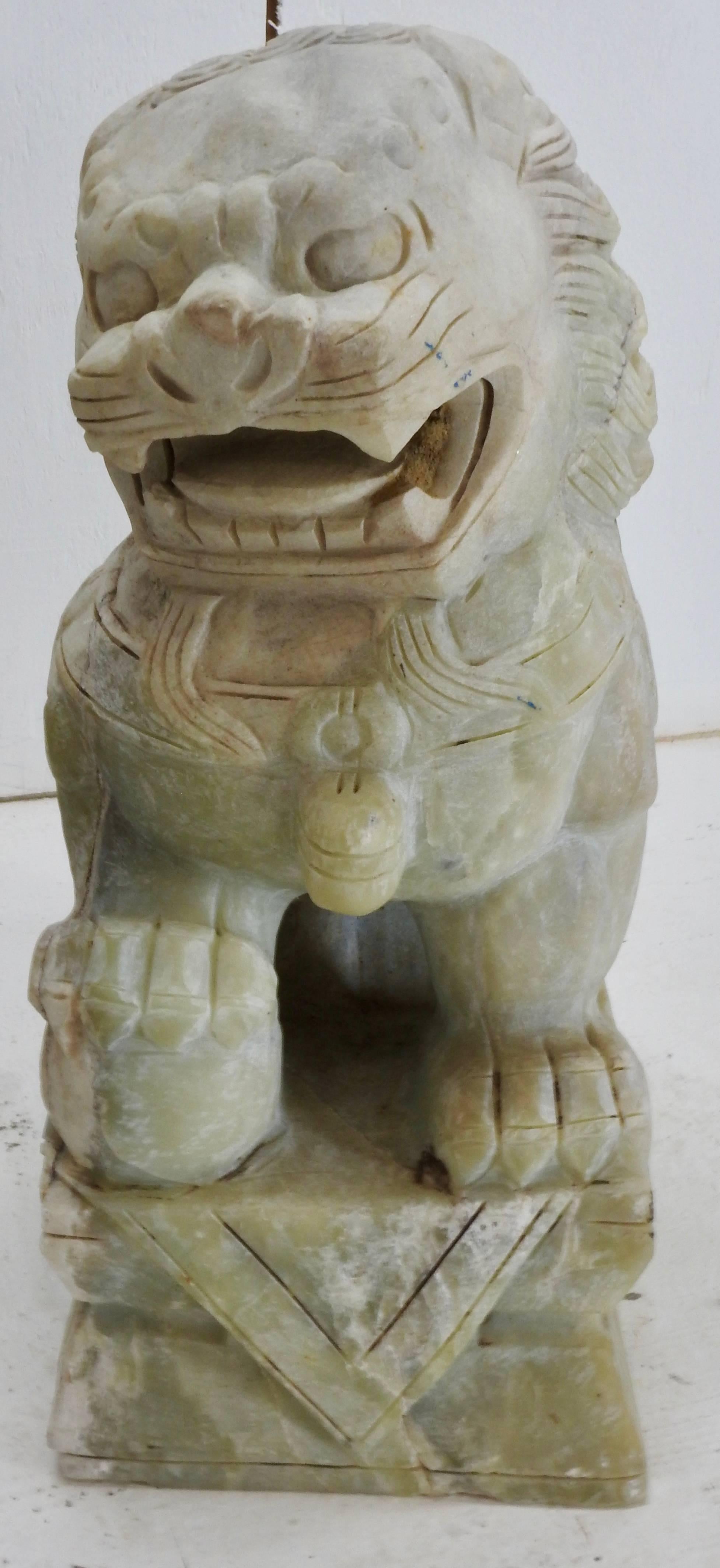 Hand-Carved Early 20th Century Pair of Alabaster Guardian Foo Dog Lions