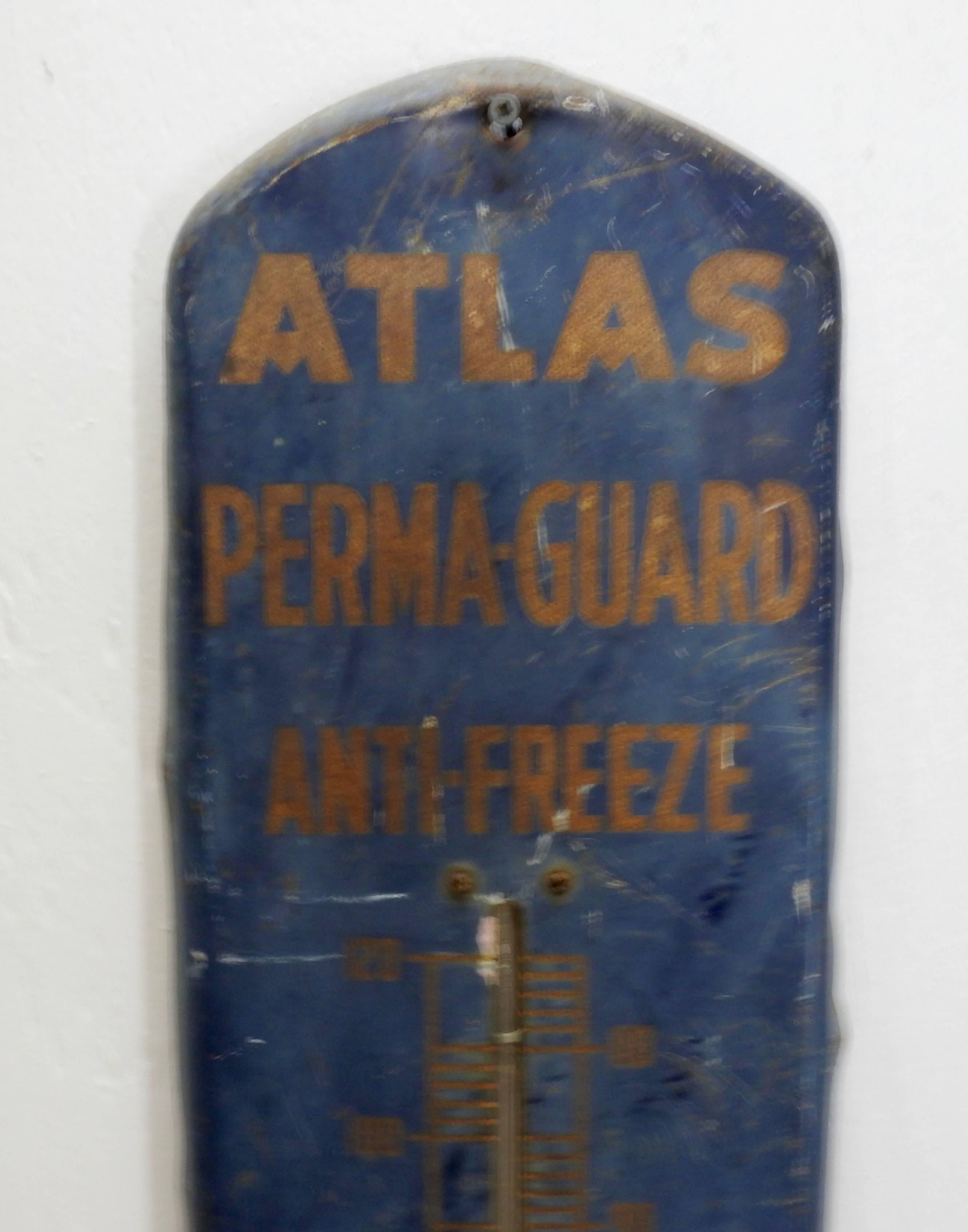 Unique thermometer from the 1950s. Atlas Perma-Guard Anti-Freeze thermometer. Thermometer is accurate. Absolutely a beautiful piece for a man’s garage or even beautiful hanging in your hobby greenhouse.