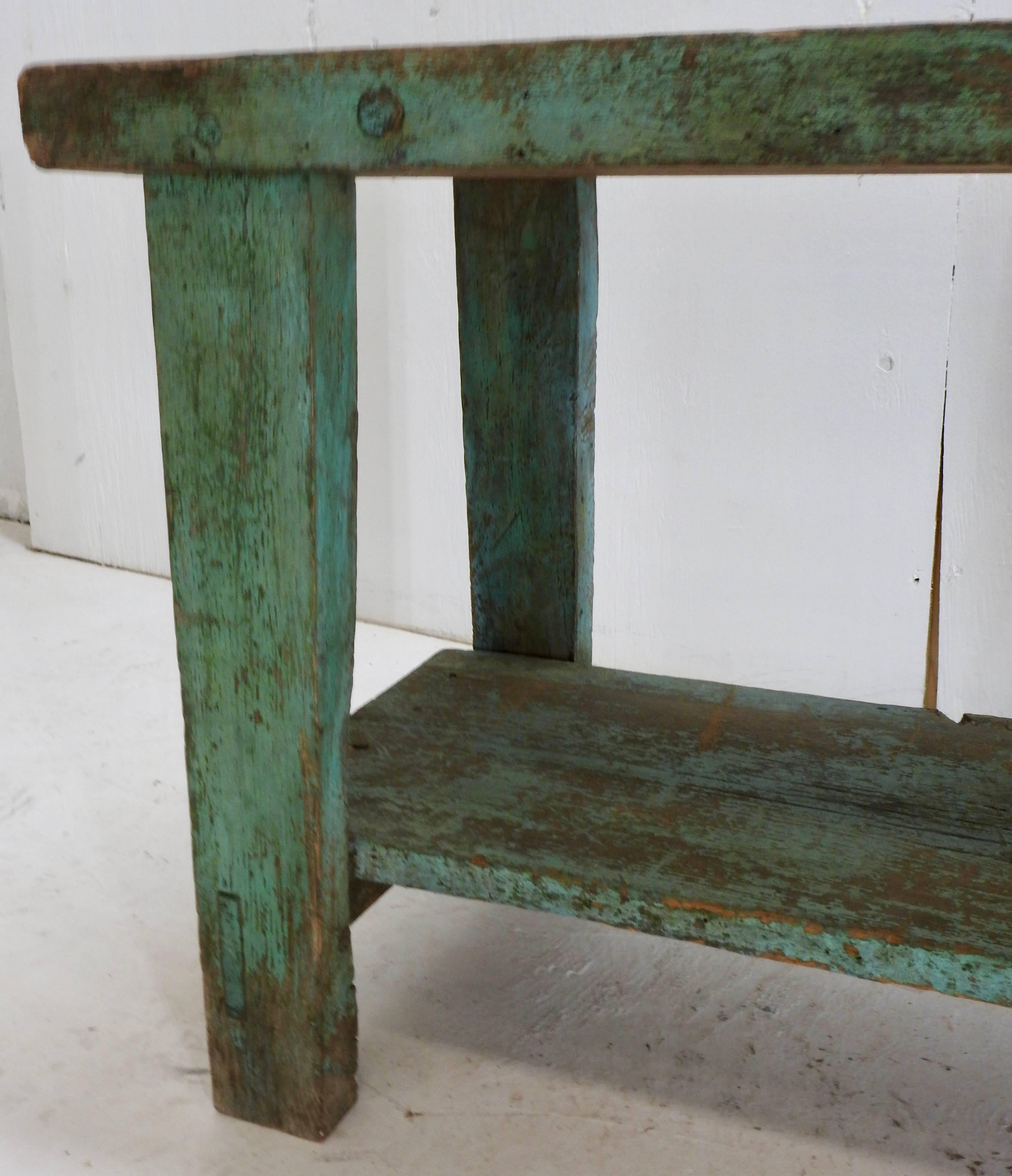 Hand-Crafted 19th Century Country French Primitive Turquoise Wooden Bench