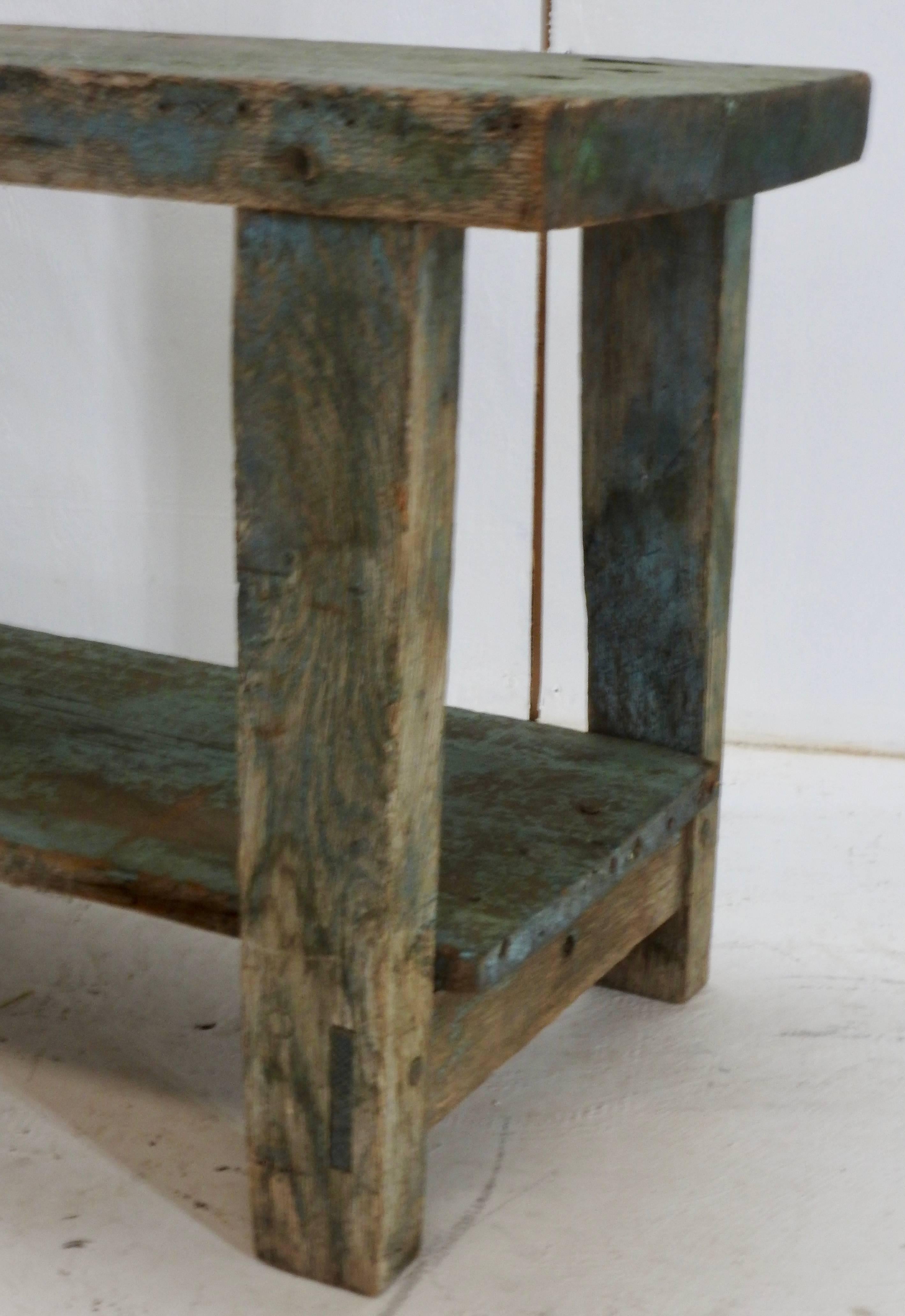 19th Century Country French Primitive Turquoise Wooden Bench 2