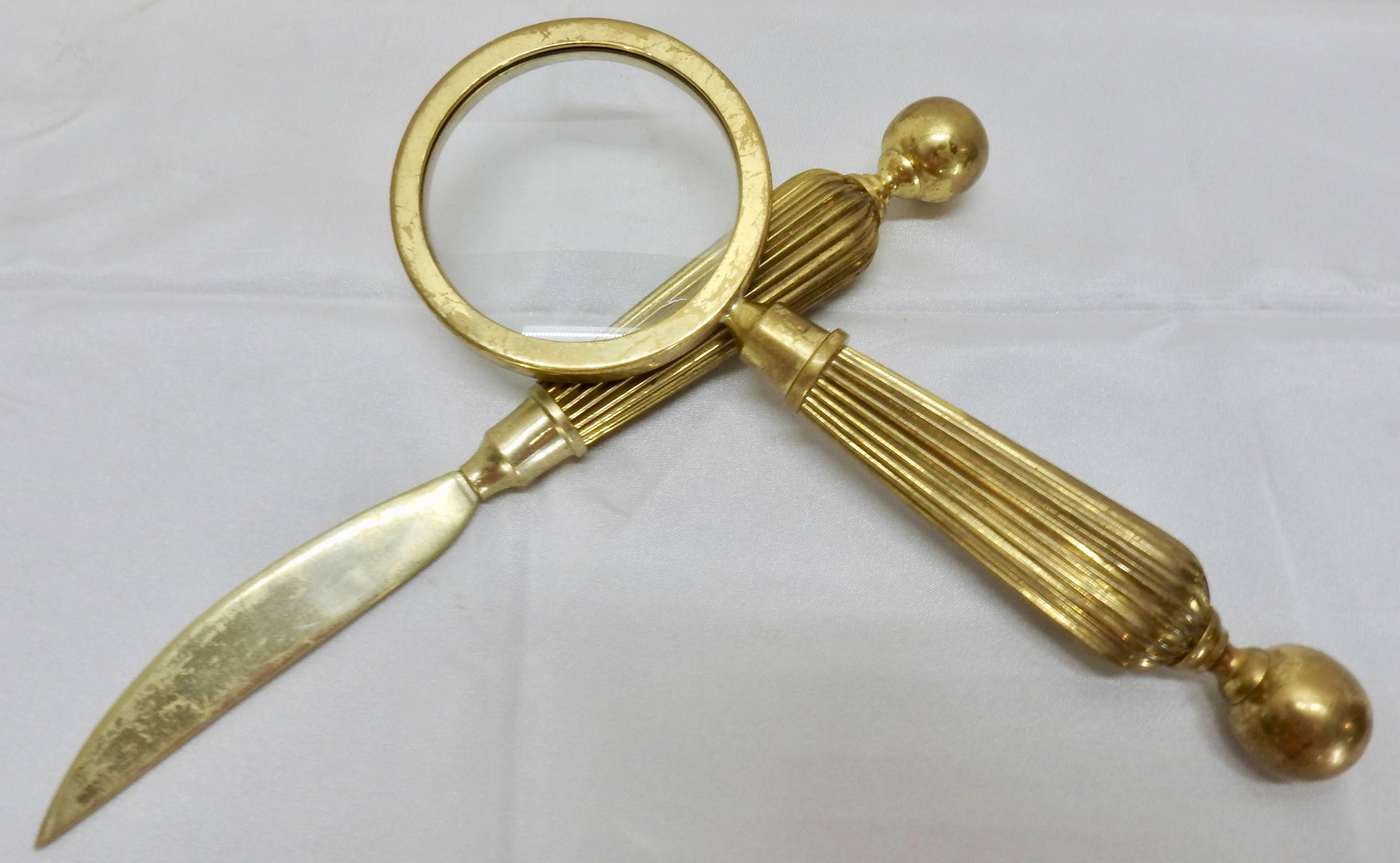 Mid-Century Modern Brass Letter Opener and Magnifying Glass For Sale