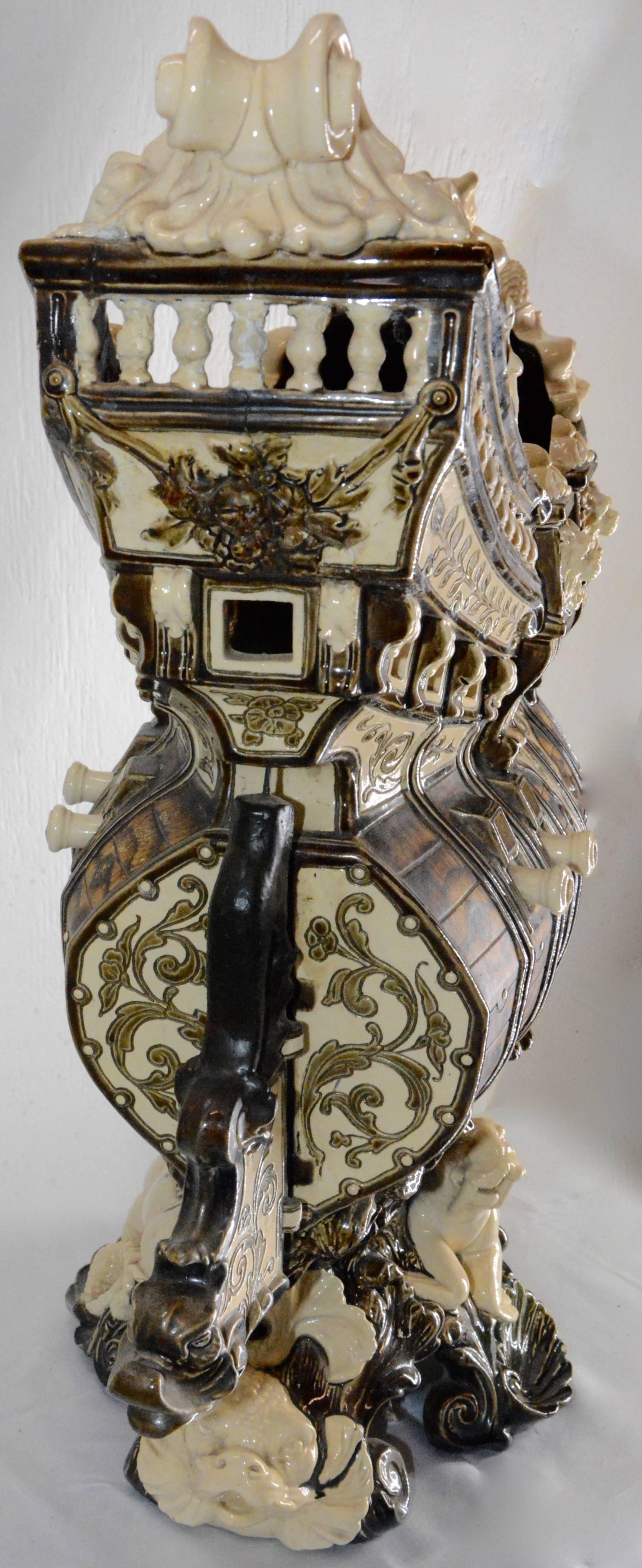 Italian Majolica Ship Surrounded by Animals, Late 19th Century For Sale