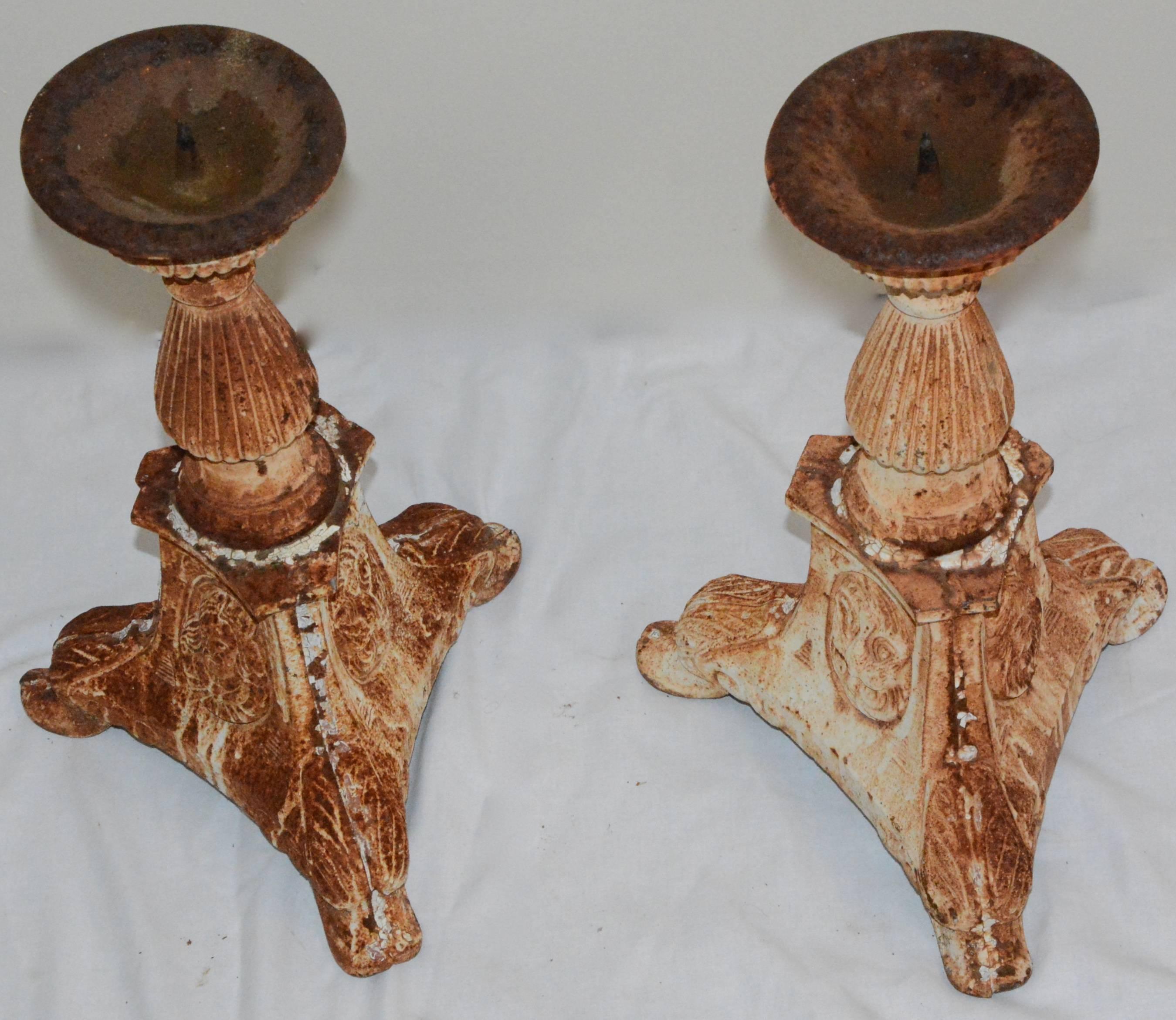 Mid-Century Modern Pair of Cast Iron Candleholders with Vignettes, Vintage For Sale