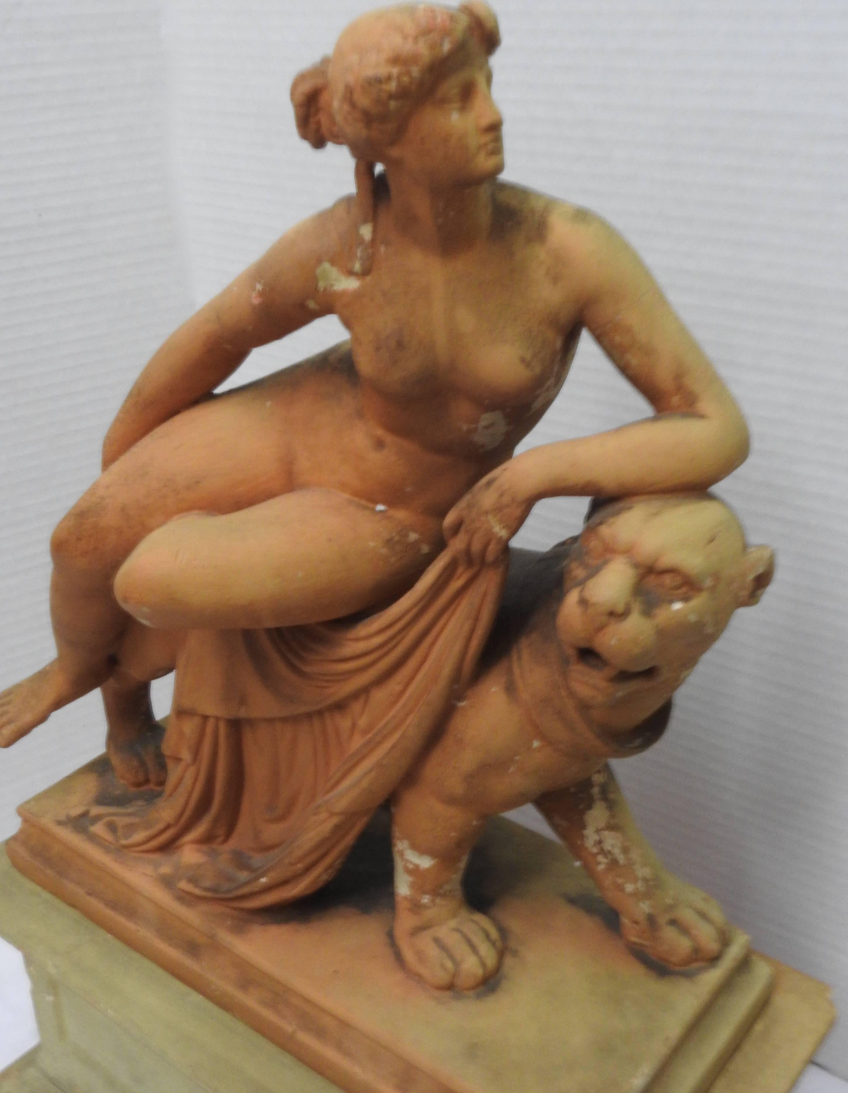 Art Nouveau Terracotta Statue Ariadne and the Panther with Plinthe For Sale