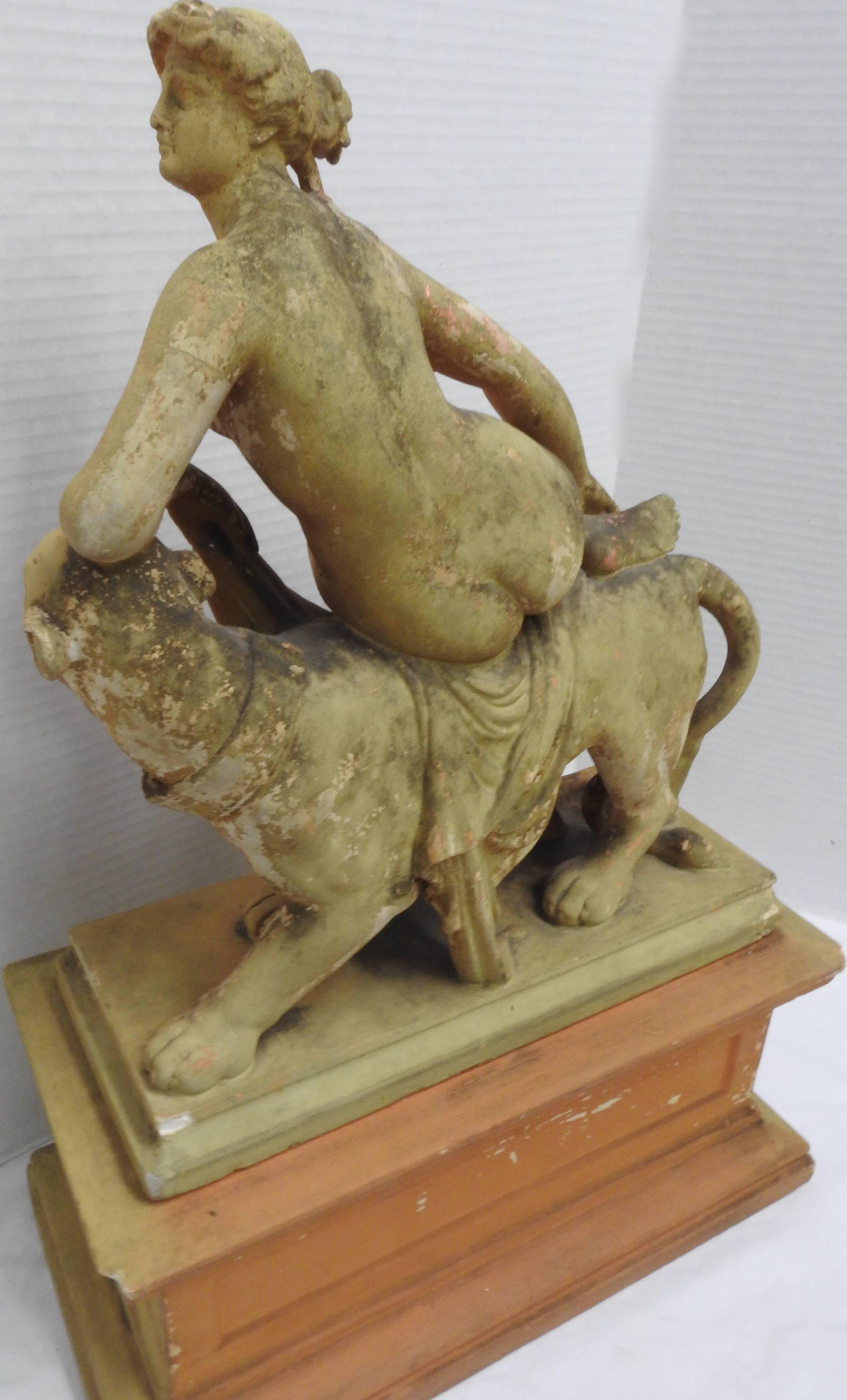 20th Century Terracotta Statue Ariadne and the Panther with Plinthe For Sale