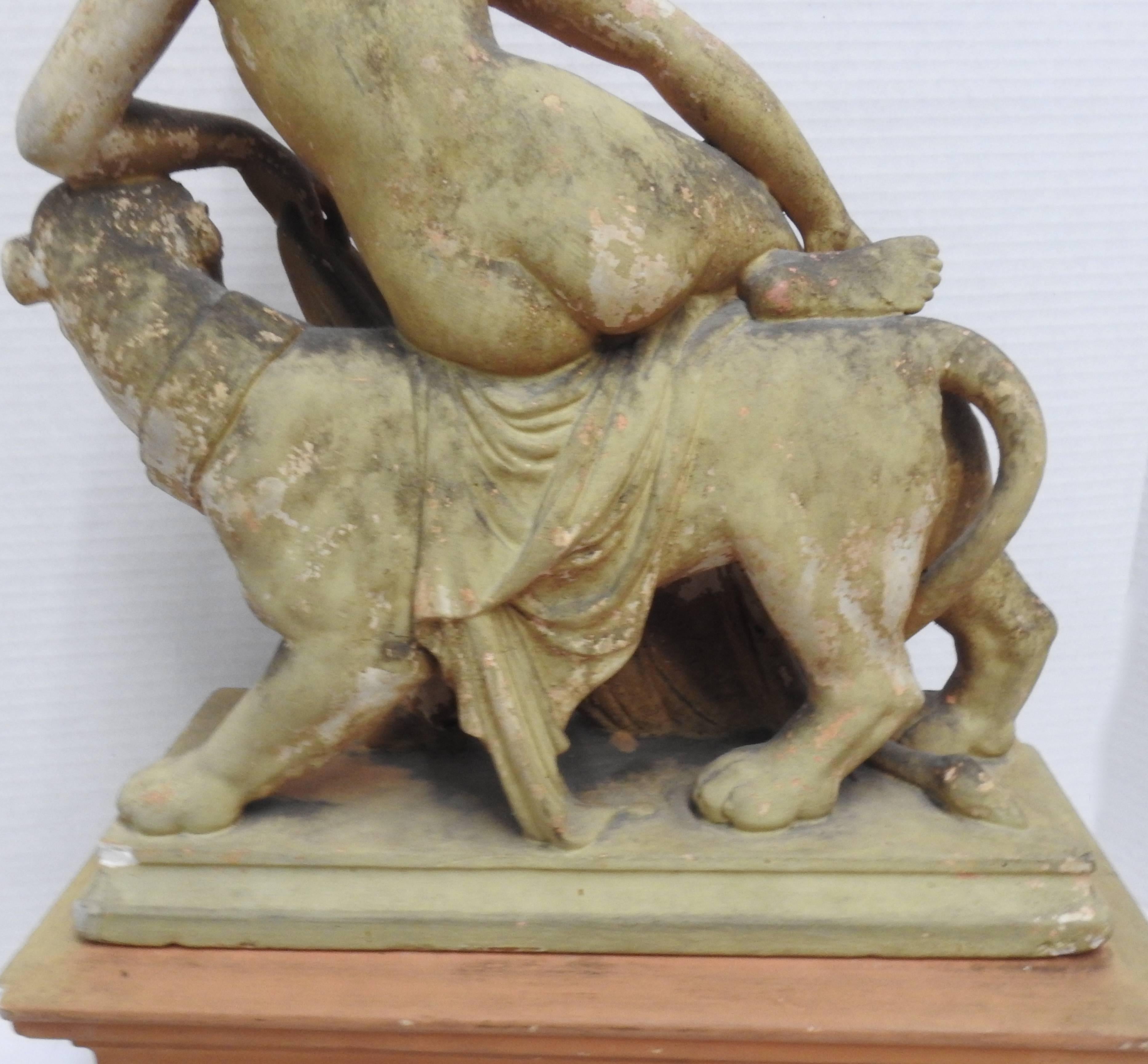 Terracotta Statue Ariadne and the Panther with Plinthe In Fair Condition For Sale In Cookeville, TN