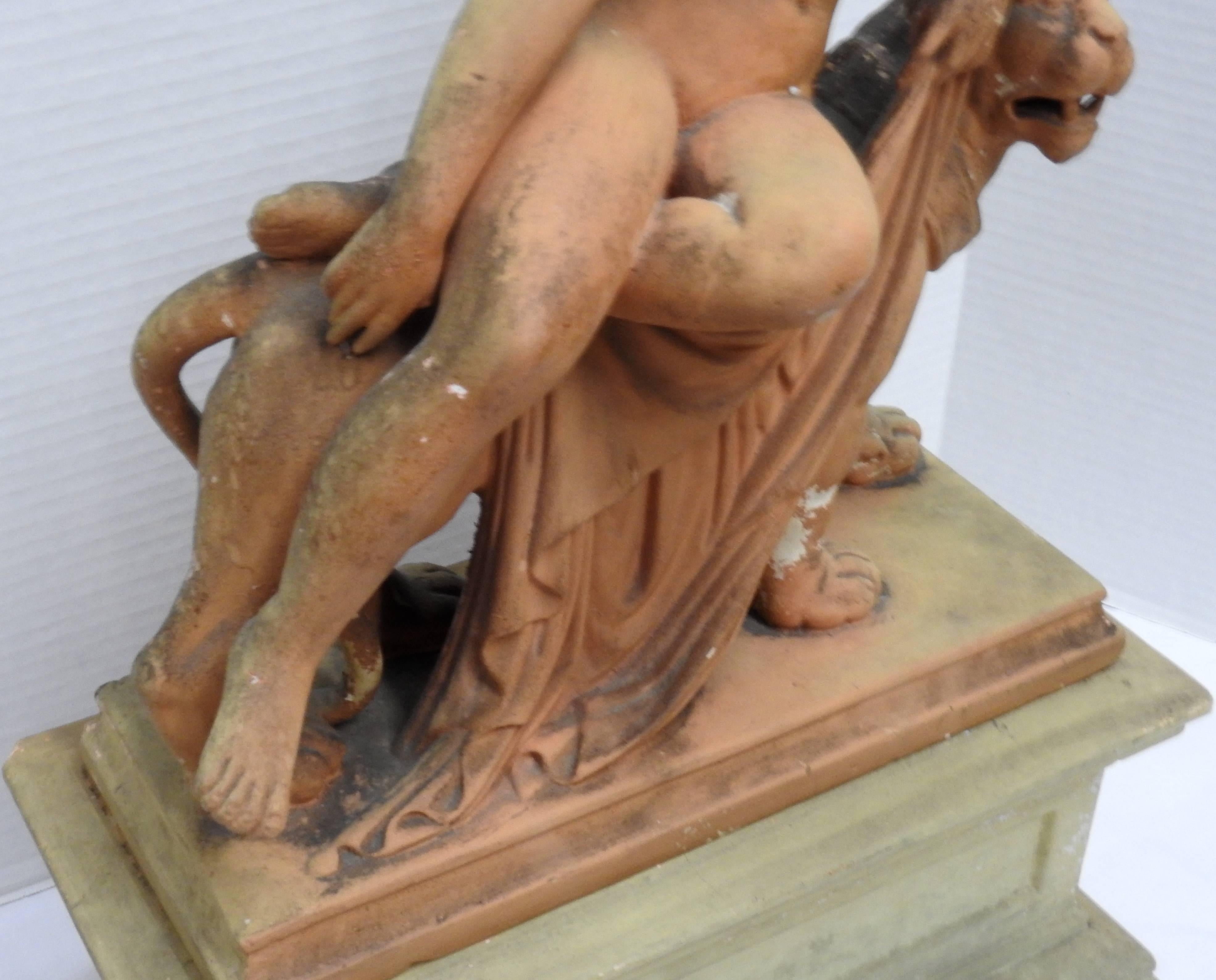 German Terracotta Statue Ariadne and the Panther with Plinthe For Sale