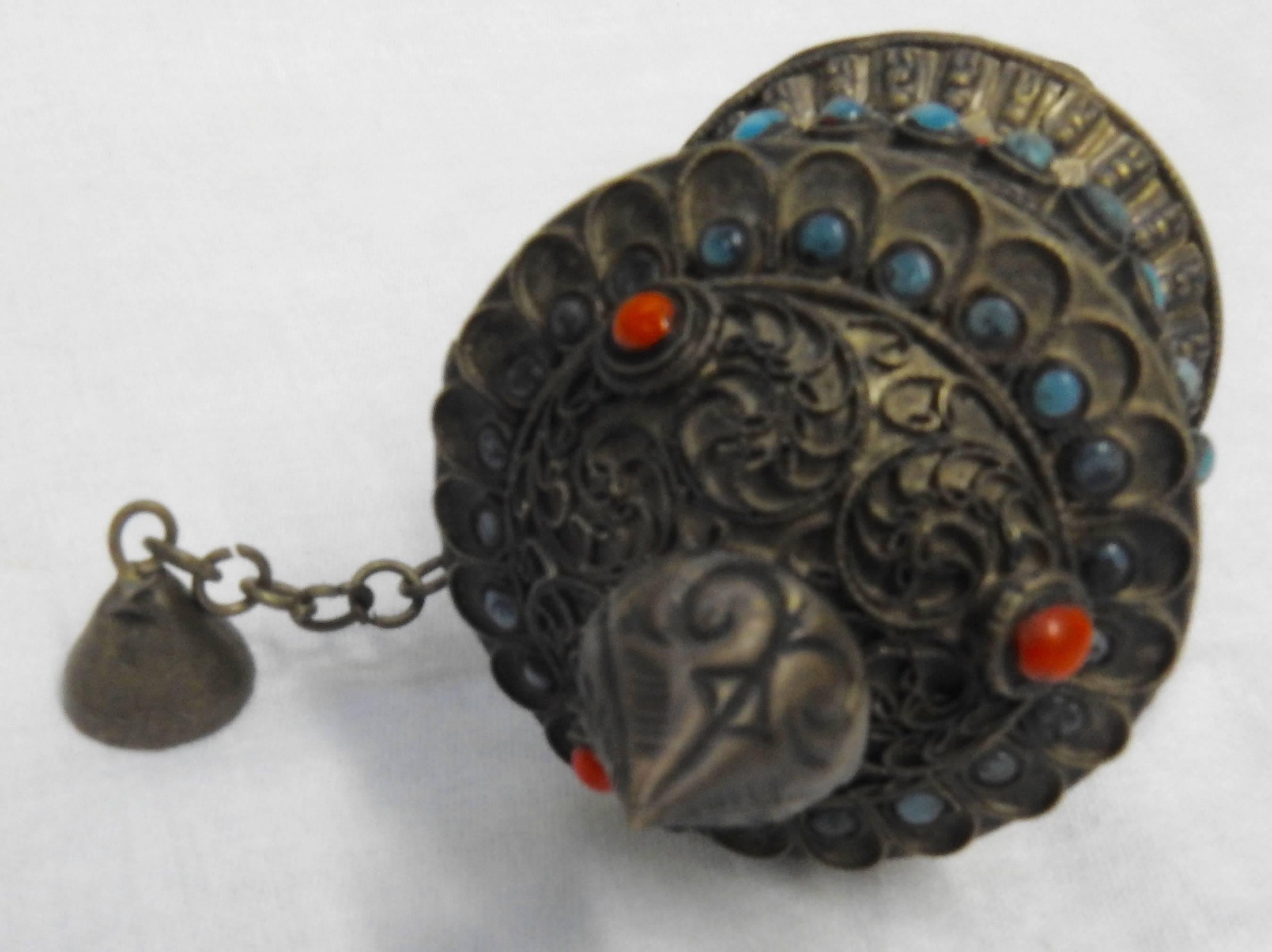 Tibetan Buddhist Mani Prayer Wheel with Turquoise and Coral, 19th Century For Sale