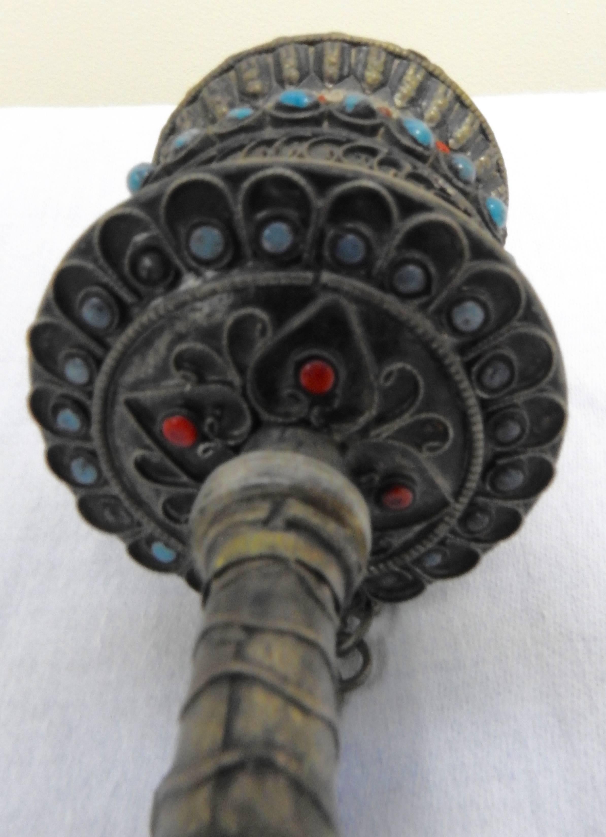 Silver Buddhist Mani Prayer Wheel with Turquoise and Coral, 19th Century For Sale