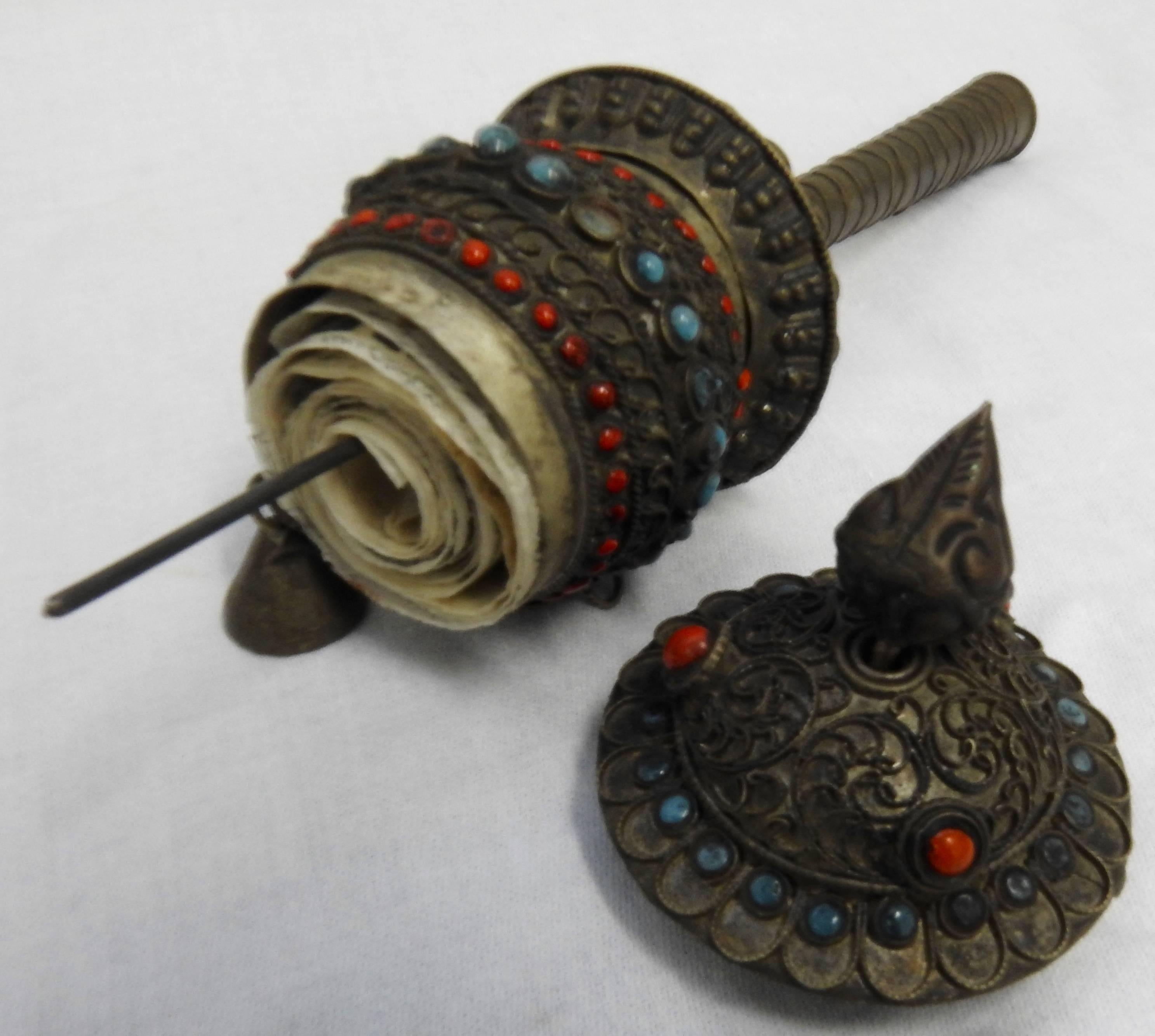 Hand-Crafted Buddhist Mani Prayer Wheel with Turquoise and Coral, 19th Century For Sale
