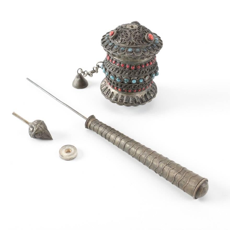 Buddhist Mani Prayer Wheel with Turquoise and Coral, 19th Century For Sale 1