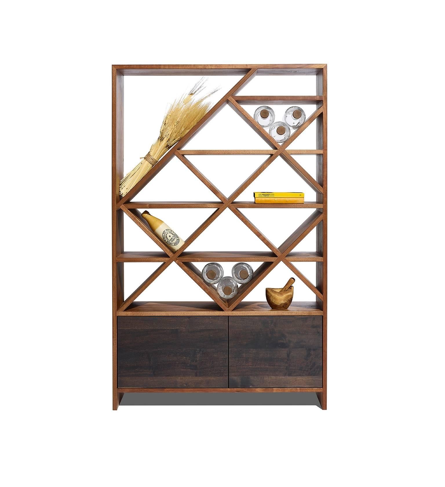 Handsome, enigmatic and masterfully crafted The Hive Bar display cabinet is made in natural and blackened American walnut. Open shelving above for bottle and display storage and closed compartments below for stock storage. Finished and functional on