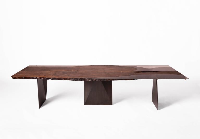 Modern Live Edge Bastogne Walnut and Glass Dining Table on Blackened